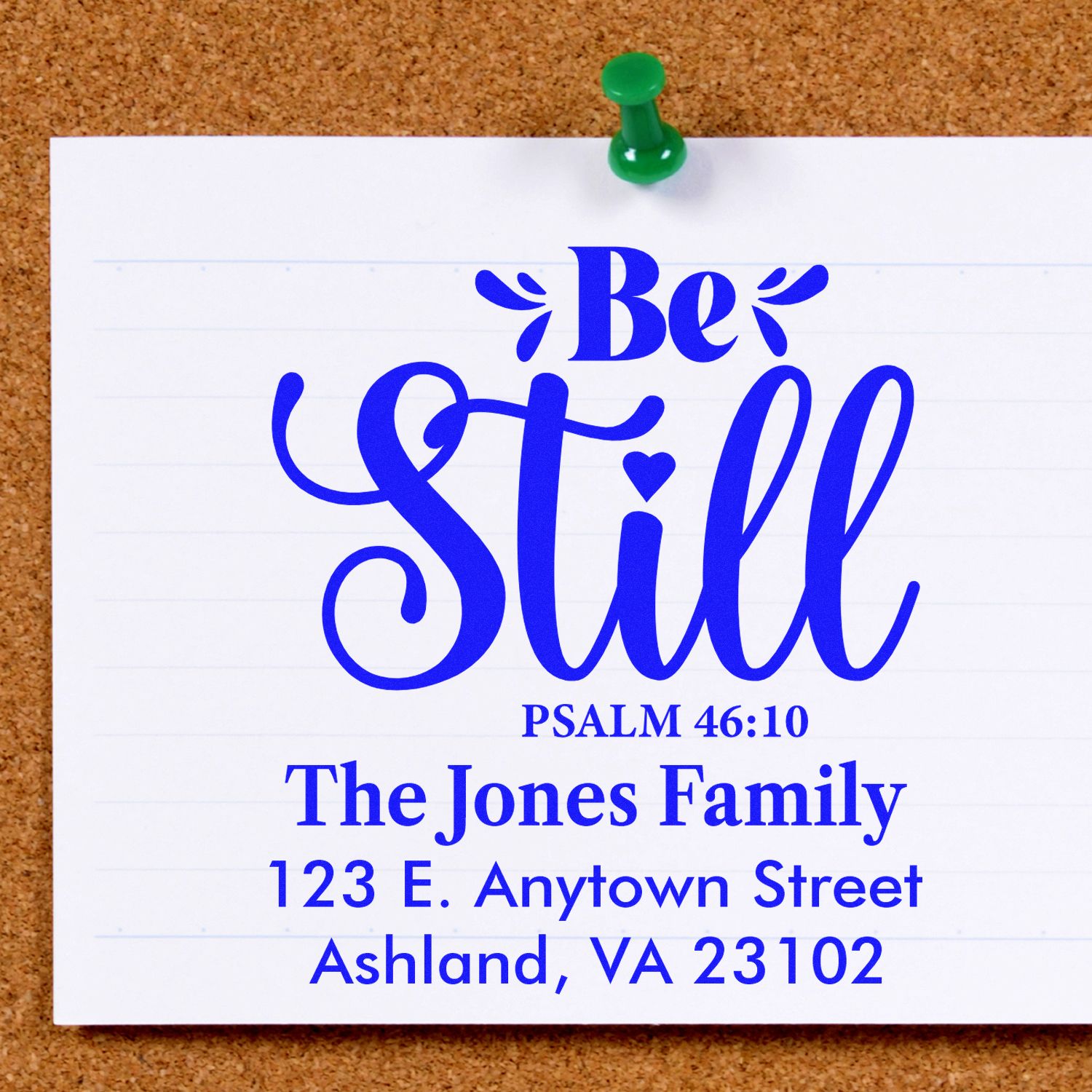 Custom rubber stamp design with Be Still Psalm 46:10, family name, and return address for personalized Christian stationery.
