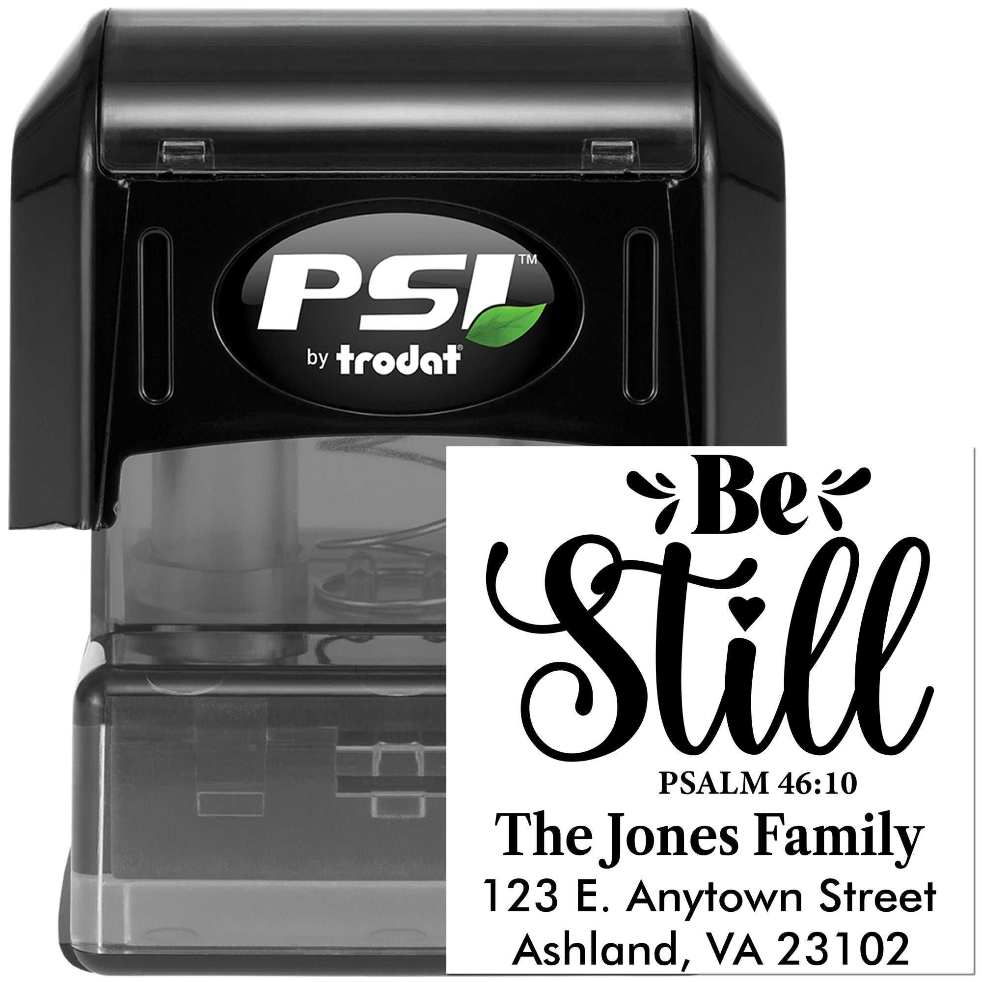 PSI by Trodat custom self-inking rubber stamp with personalized Christian return address design and Psalm 46:10 verse.