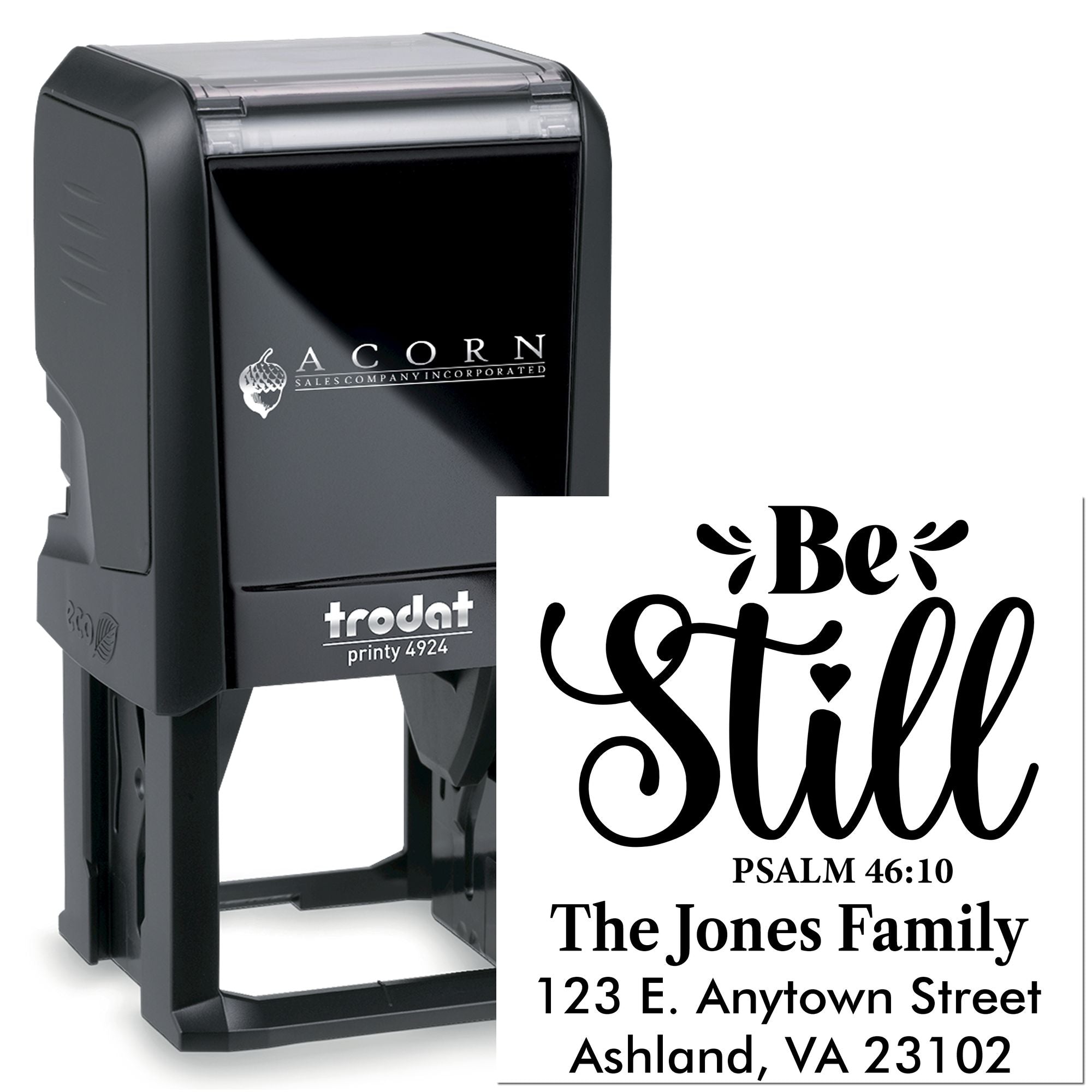 Custom self-inking return address rubber stamp with Be Still Psalm 46:10 design for The Jones Family.