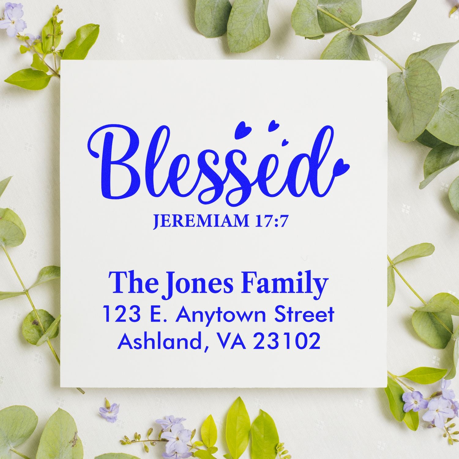 Custom Christian return address rubber stamp with Blessed Jeremiah 17:7, family name, and mailing address.