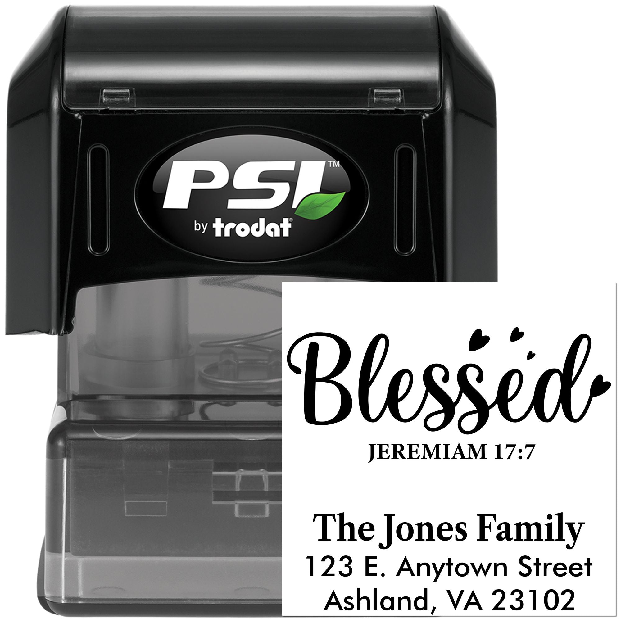 Personalized self-inking rubber stamp by PSI by Trodat featuring Blessed, Jeremiah 17:7, and a family return address.