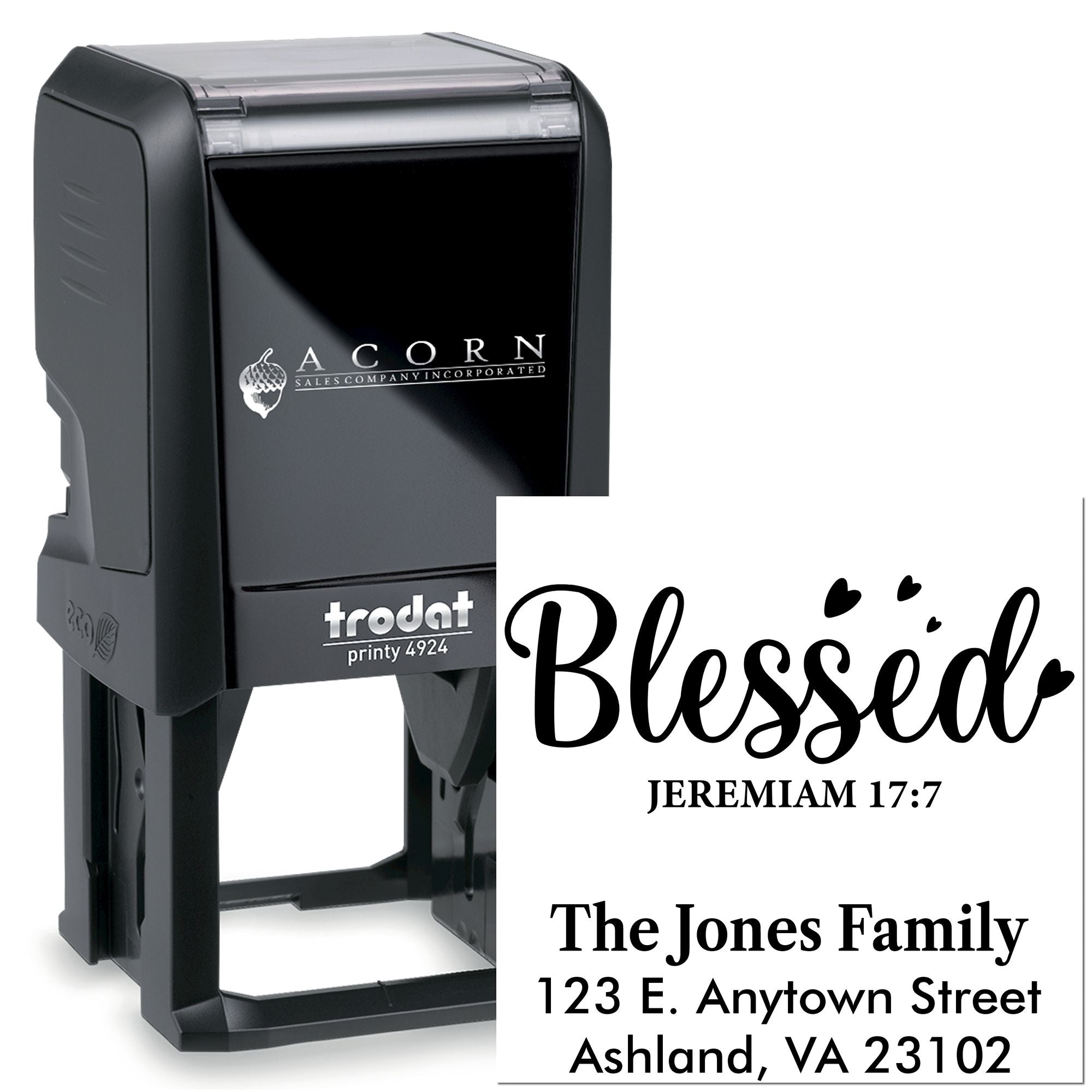 Personalized self-inking rubber stamp with Blessed Jeremiah 17:7 and family address, Trodat Printy 4924.