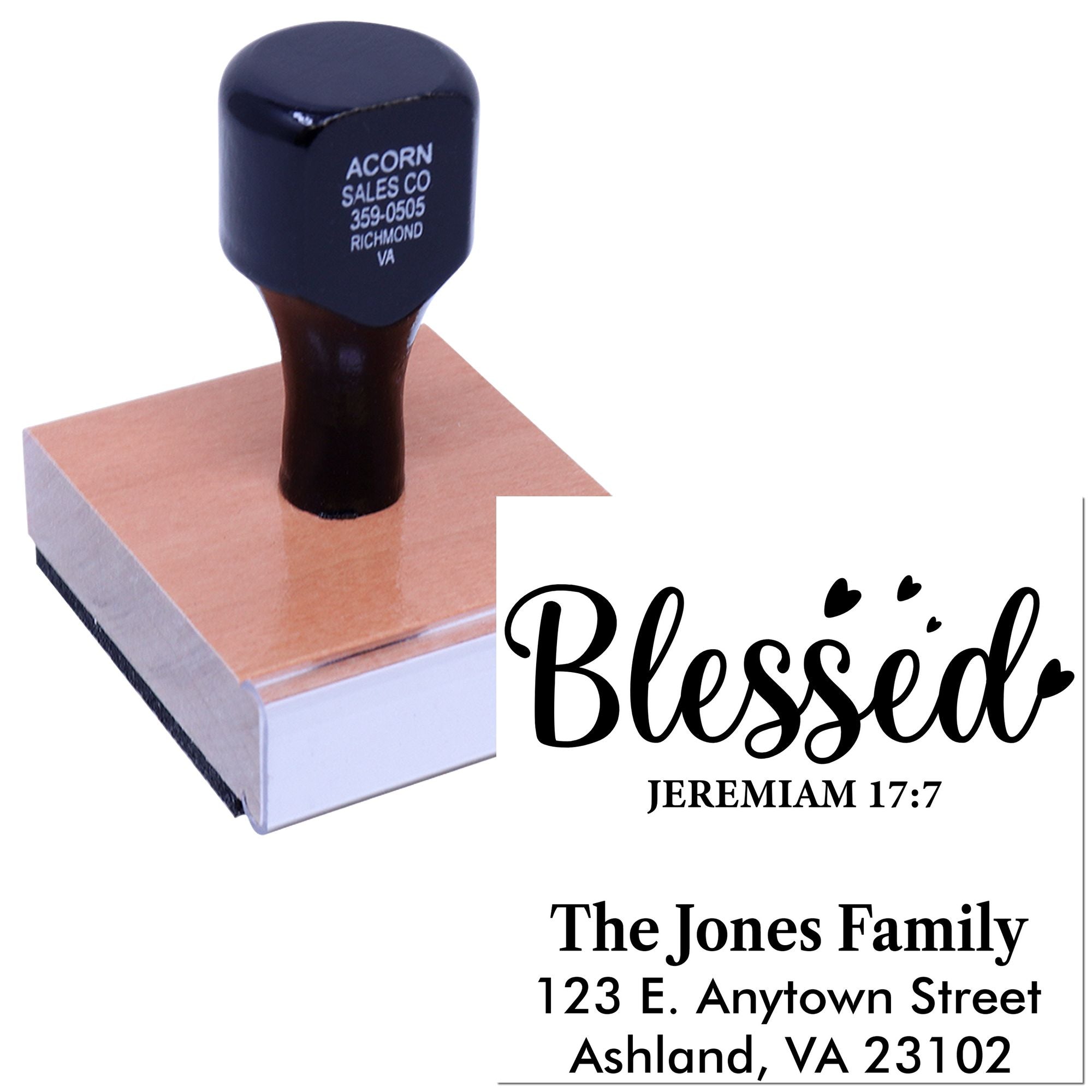 Custom rubber address stamp for The Jones Family with Blessed Jeremiah 17:7 and return address.