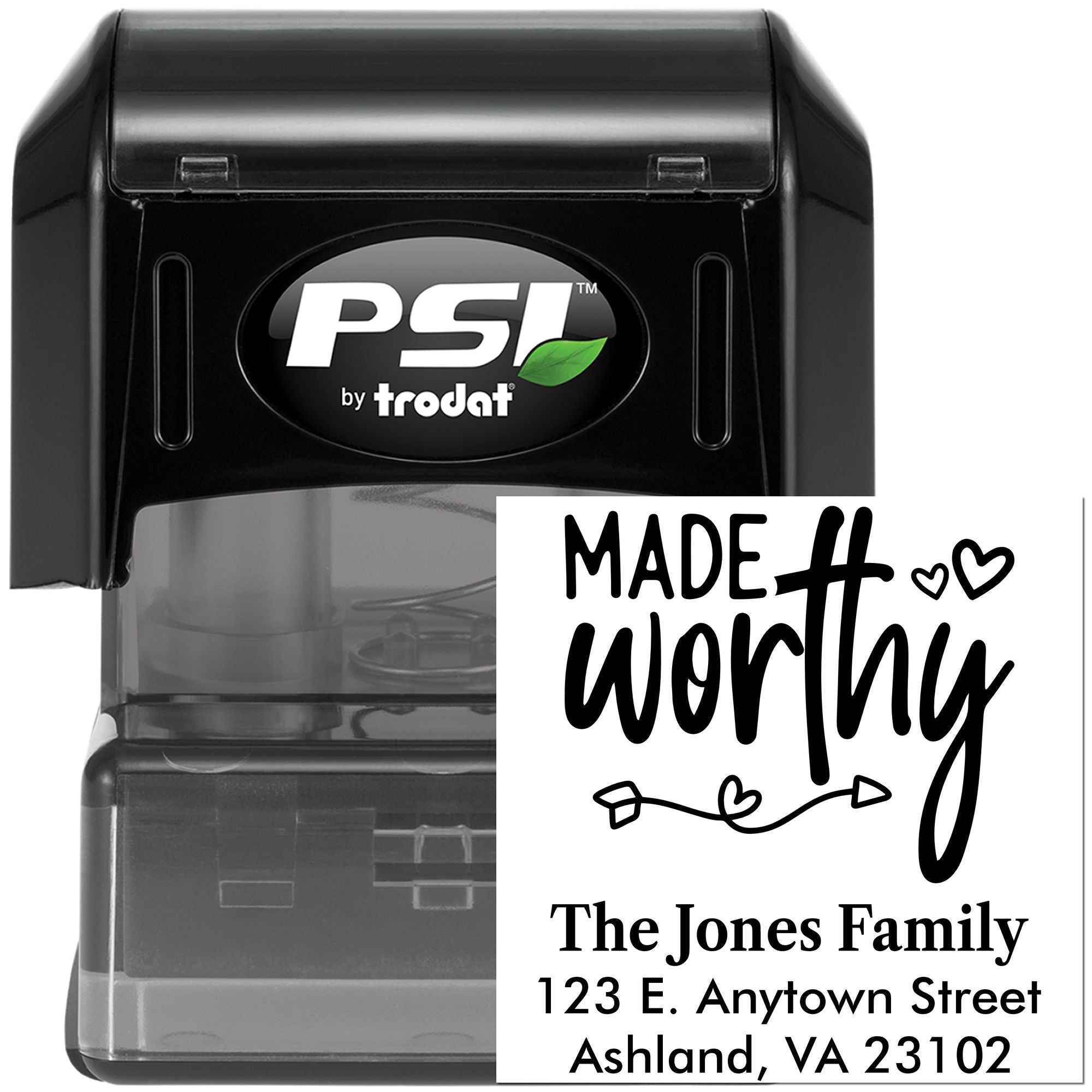 Custom self-inking rubber stamp by PSI Trodat with Made Worthy family design and return address for personalized mailing.