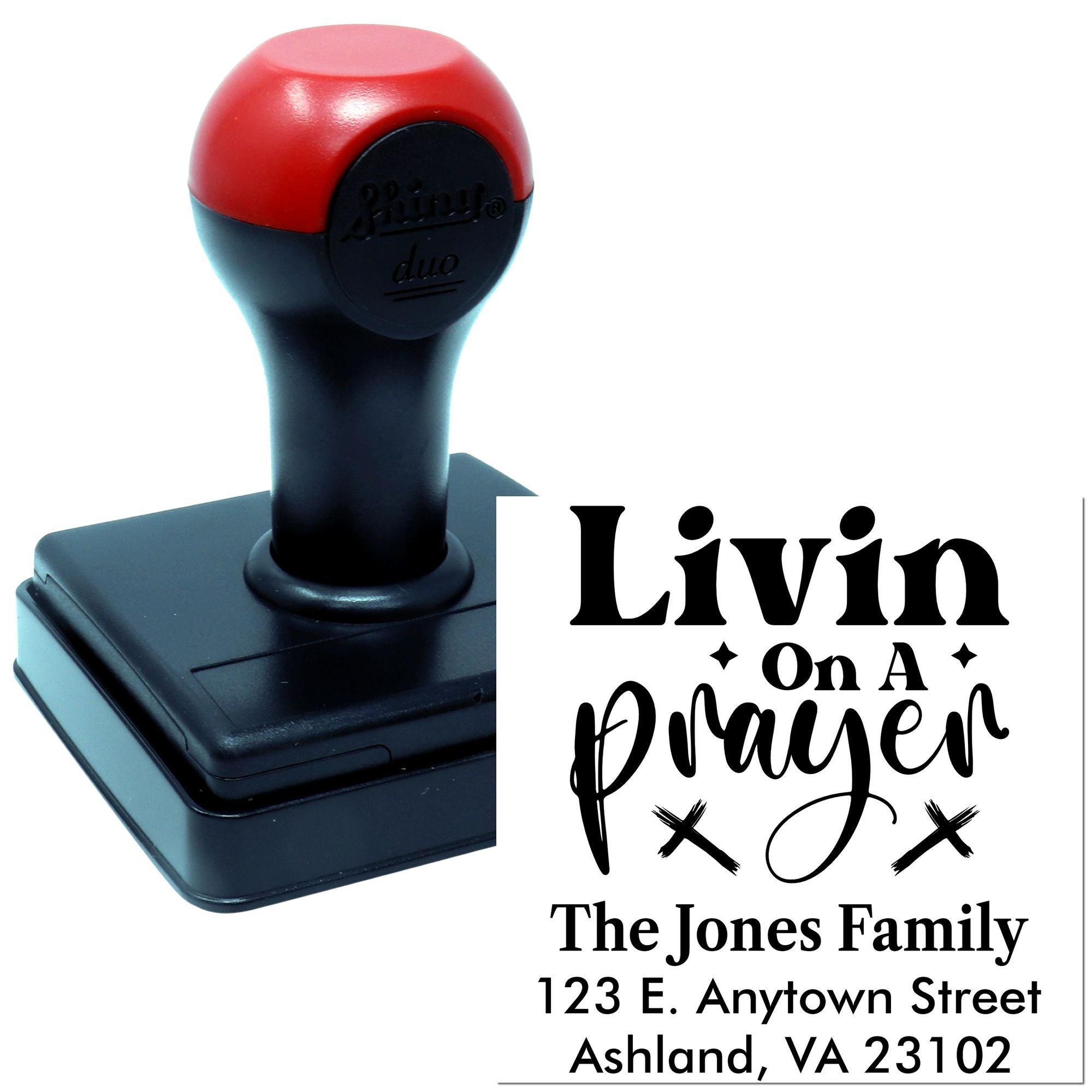 Custom self-inking rubber stamp with Livin on a Prayer design and The Jones Family address for personalized mailing.