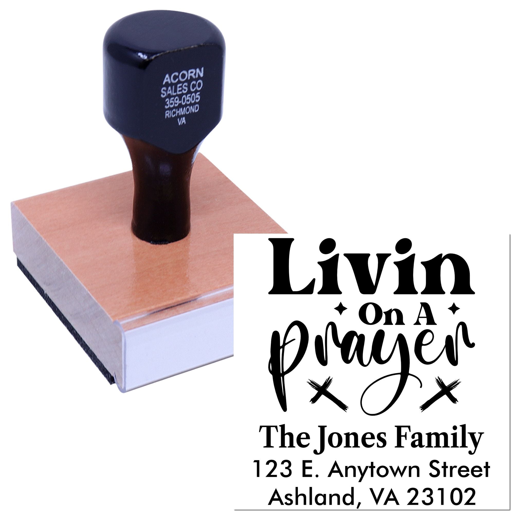 Custom return address rubber stamp in use, featuring the Jones Family name and Ashland, VA address.