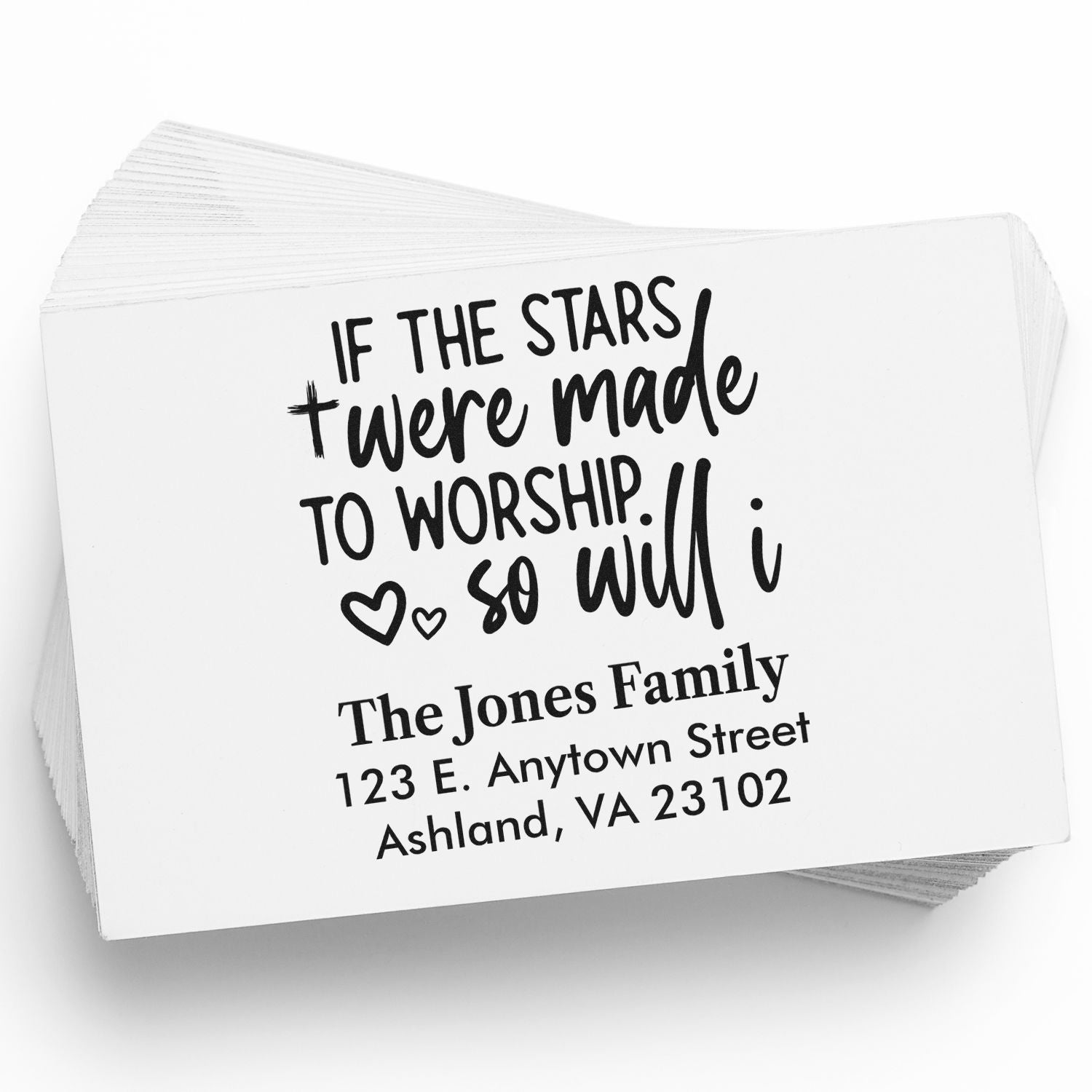 Custom rubber stamp with faith quote and return address for The Jones Family, ideal for Christian wedding or home correspondence
