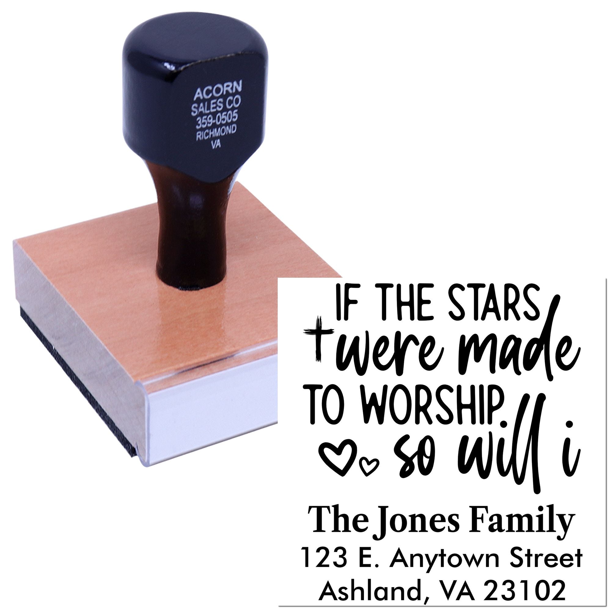 Custom rubber stamp with inspirational worship quote and personalized family address imprint for stationery or church crafts.