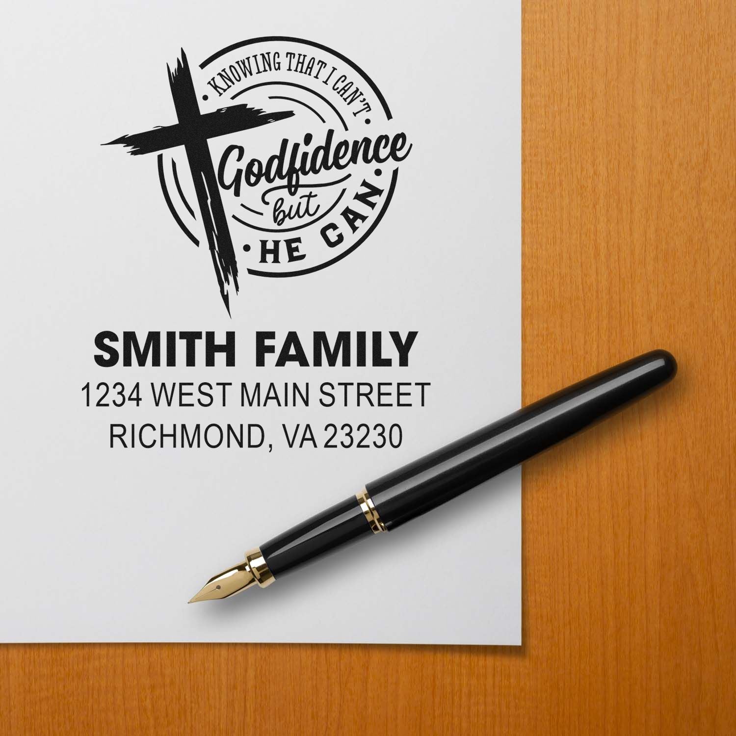 Custom Christian return address rubber stamp with cross design, Smith Family address, and Godfidence quote.