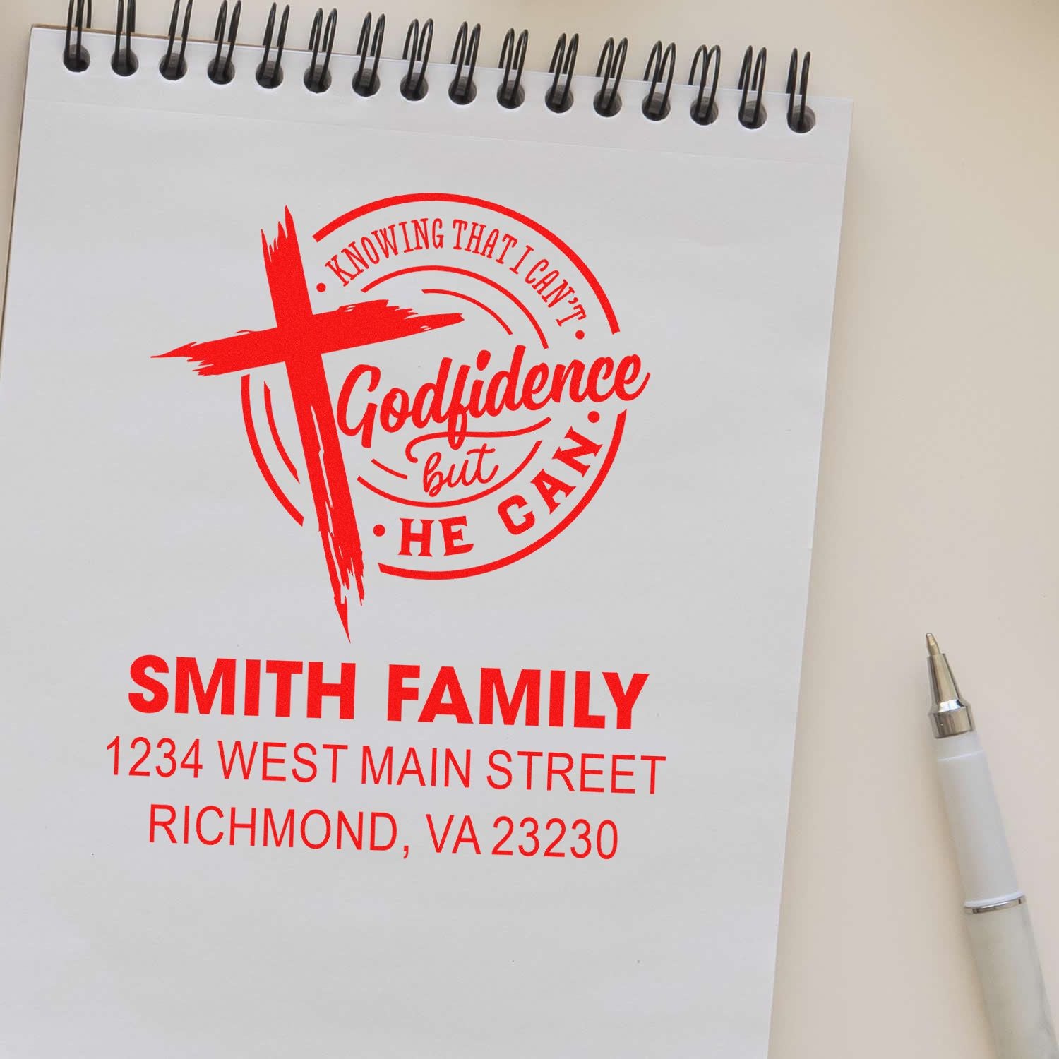 Custom Christian return address rubber stamp with cross design for Smith Family, Richmond, VA 23230.