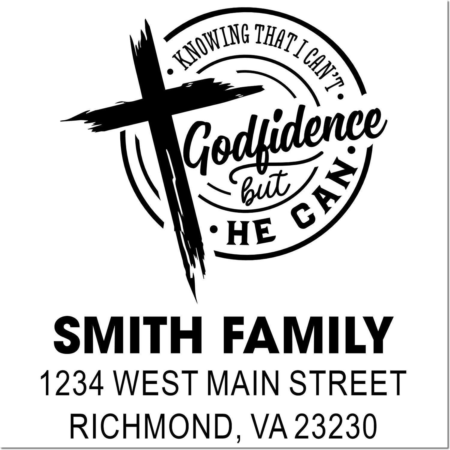 Personalized Christian return address rubber stamp with Godfidence cross design for Smith Family, Richmond VA 23230.