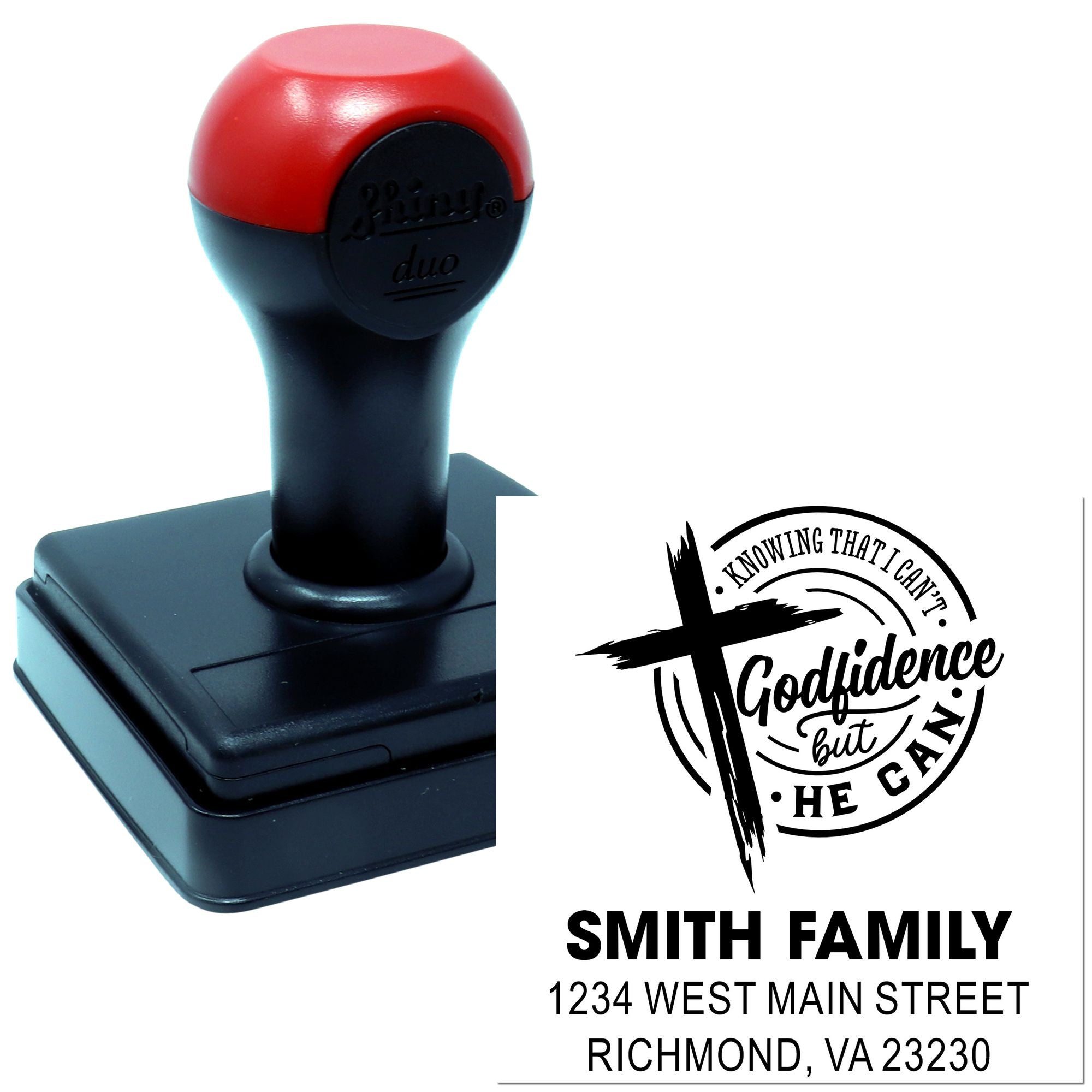 Custom self-inking rubber address stamp with faith quote and family name for personalized mailing, crafts, and return addresses.