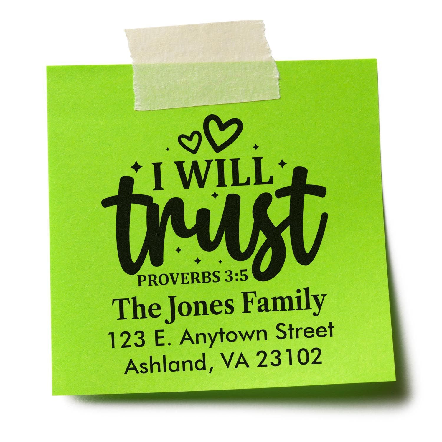 Personalized return address rubber stamp with Proverbs 3:5 I will trust design for The Jones Family.