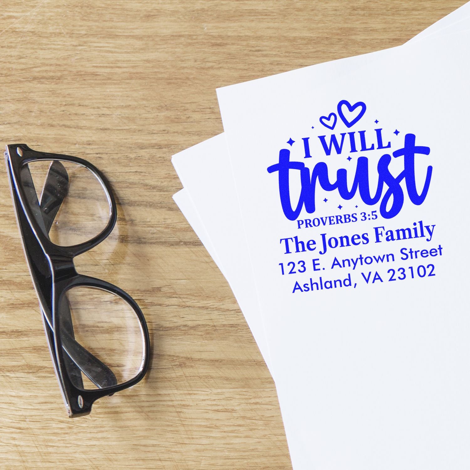 Custom Christian return address rubber stamp with I will trust Proverbs 3:5 for The Jones Family.