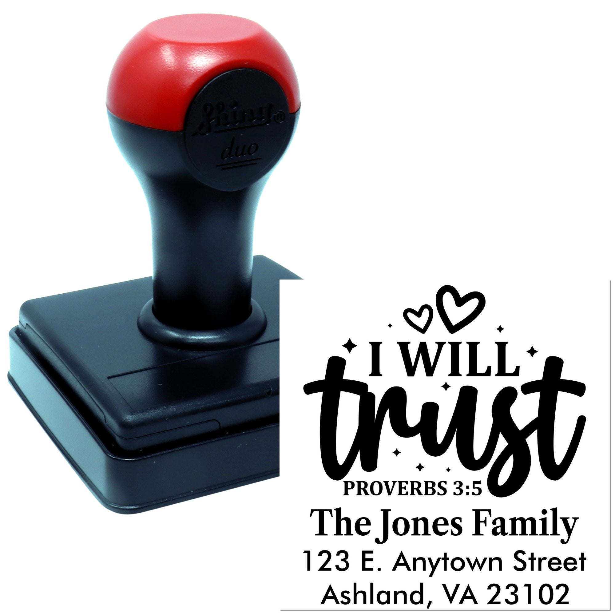 Custom self-inking rubber stamp with I Will Trust Proverbs 3:5 design, family name, and address for personalized mailing.