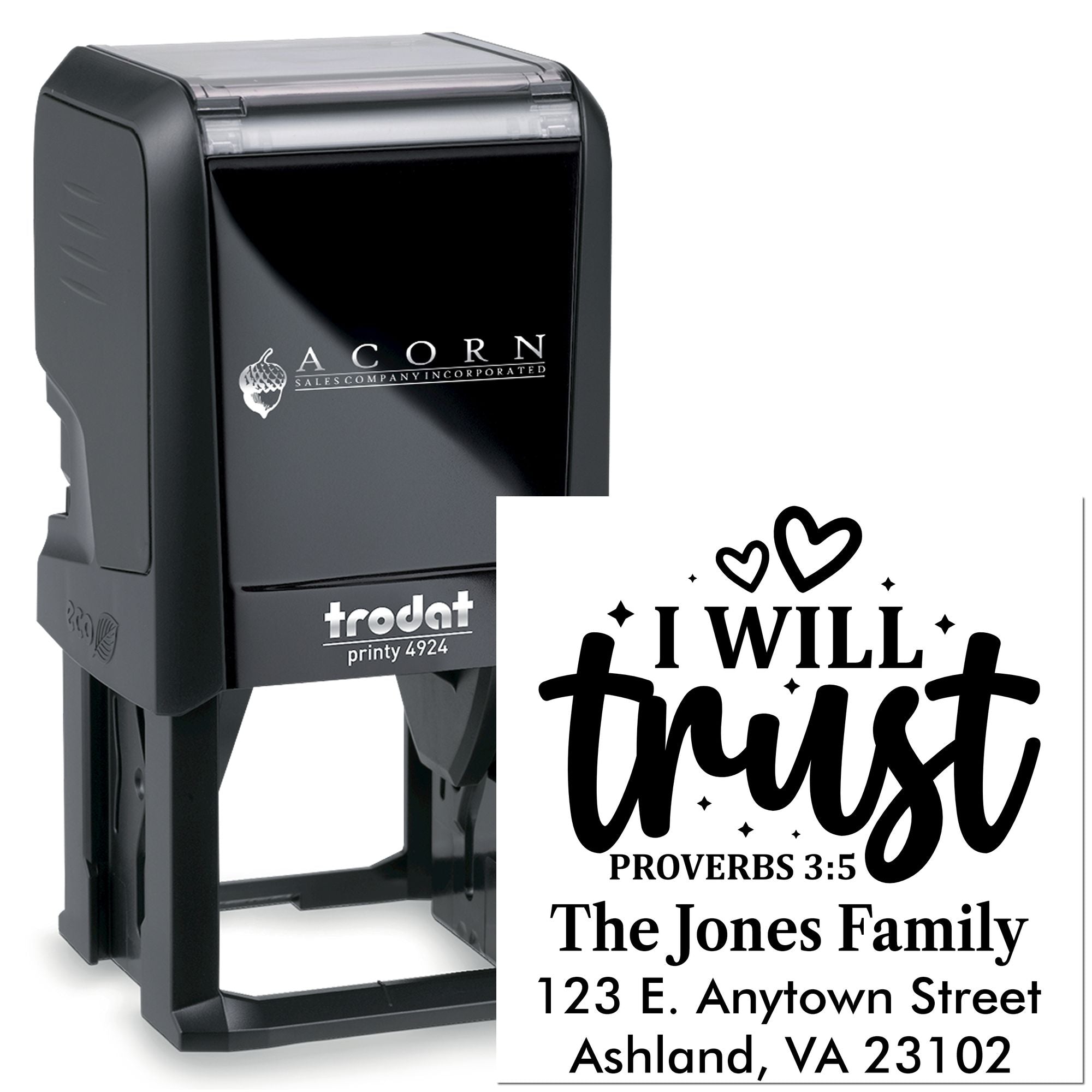 Custom self-inking rubber stamp with I Will Trust Proverbs 3:5, family name, and address for personalized faith mailing.