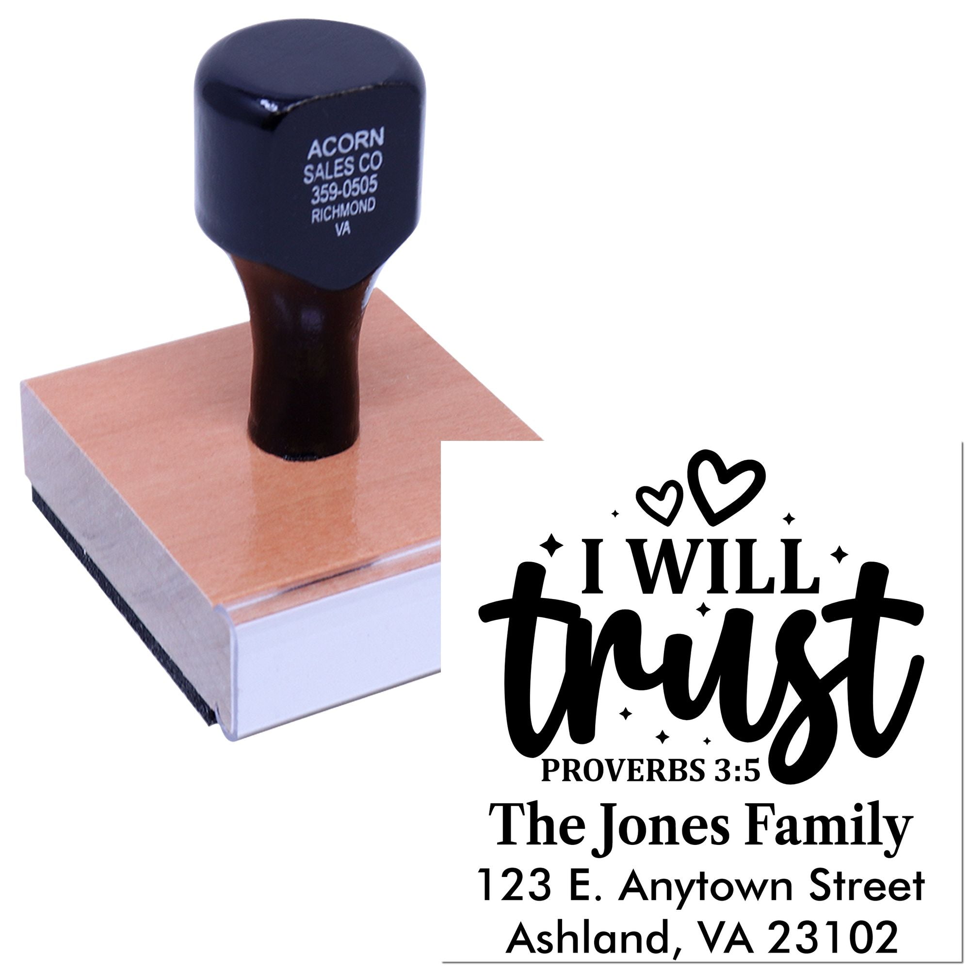 Custom rubber stamp imprint with Proverbs 3:5 I will trust and personalized family address.