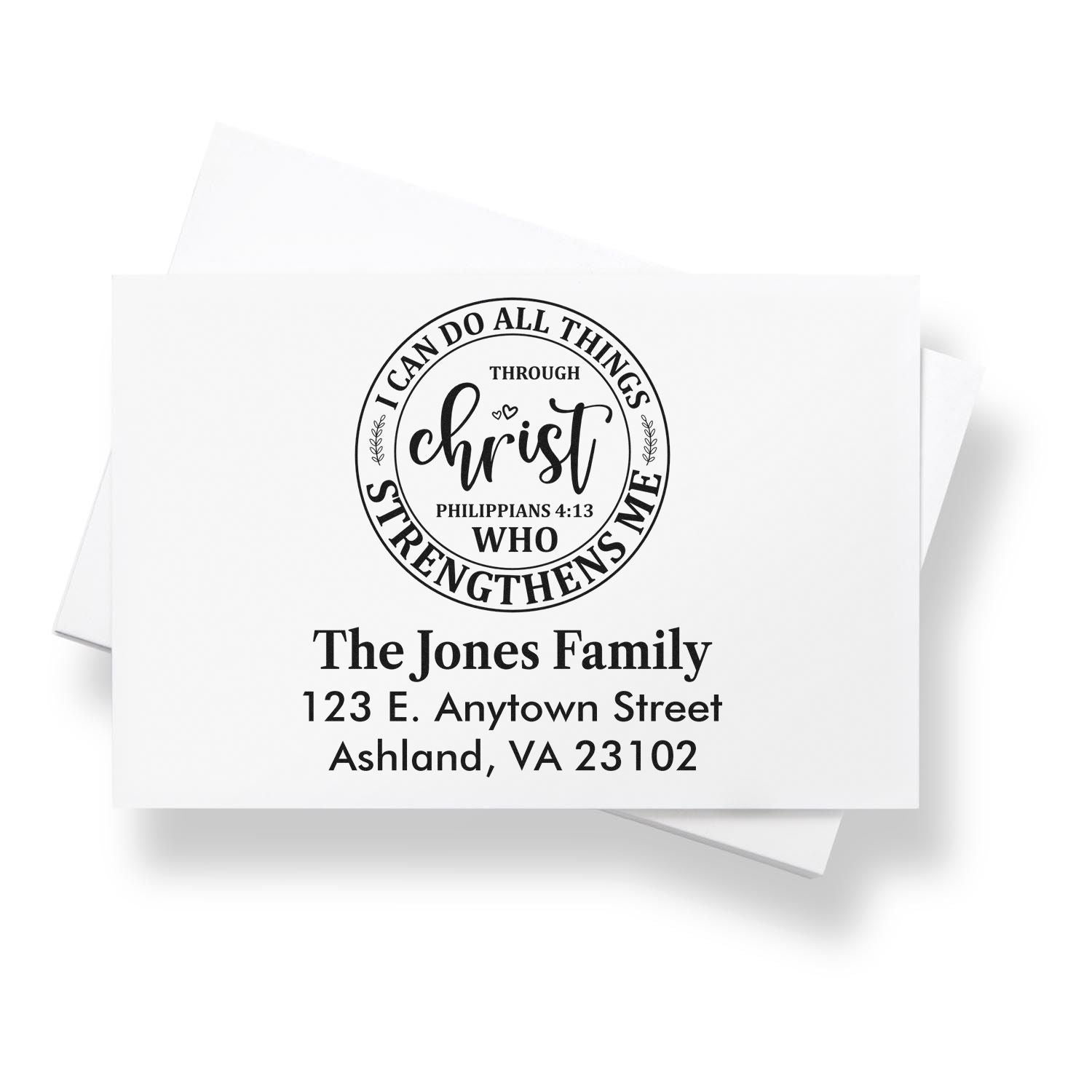 Custom Christian return address rubber stamp for The Jones Family with Philippians 4:13 quote and personalized mailing address