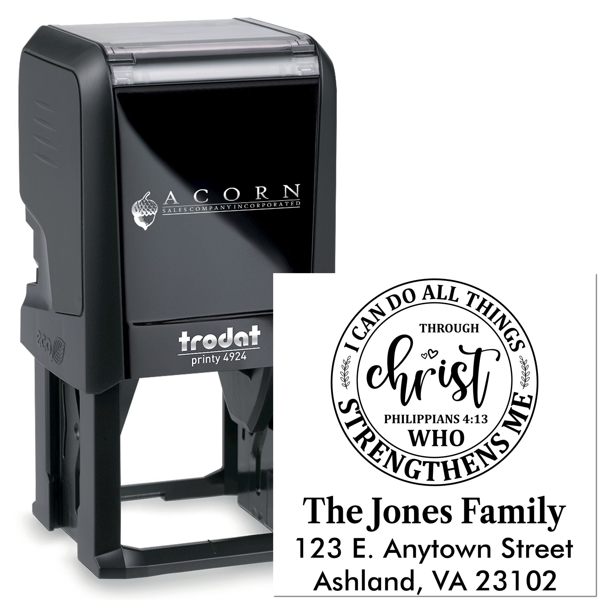 Custom self-inking rubber stamp with Christian verse, family name, and return address for personalized mailing.