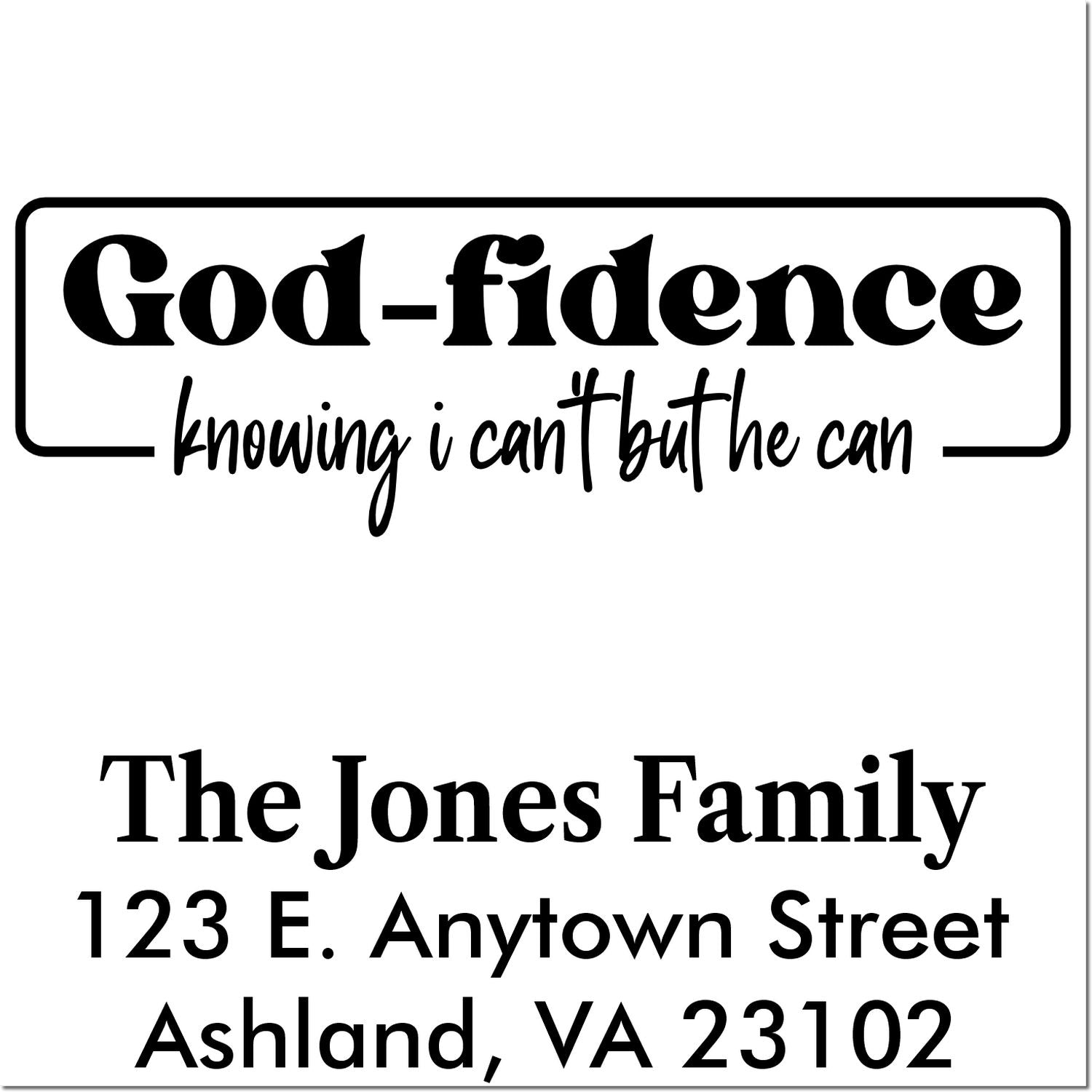 Custom faith-based return address rubber stamp for The Jones Family, featuring the God-fidence quote and Ashland, VA address.