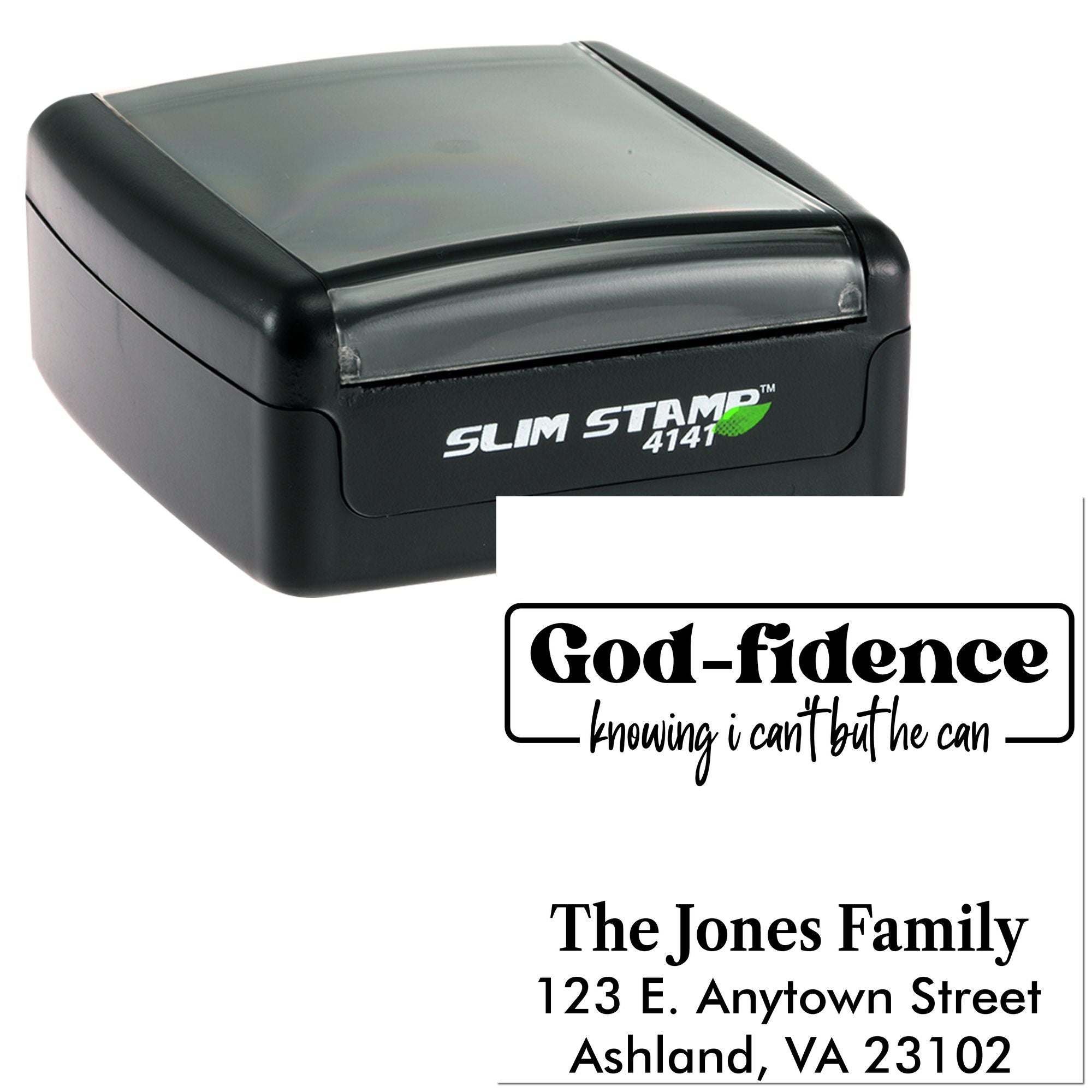Personalized self-inking rubber stamp with custom quote, family name, and return address.