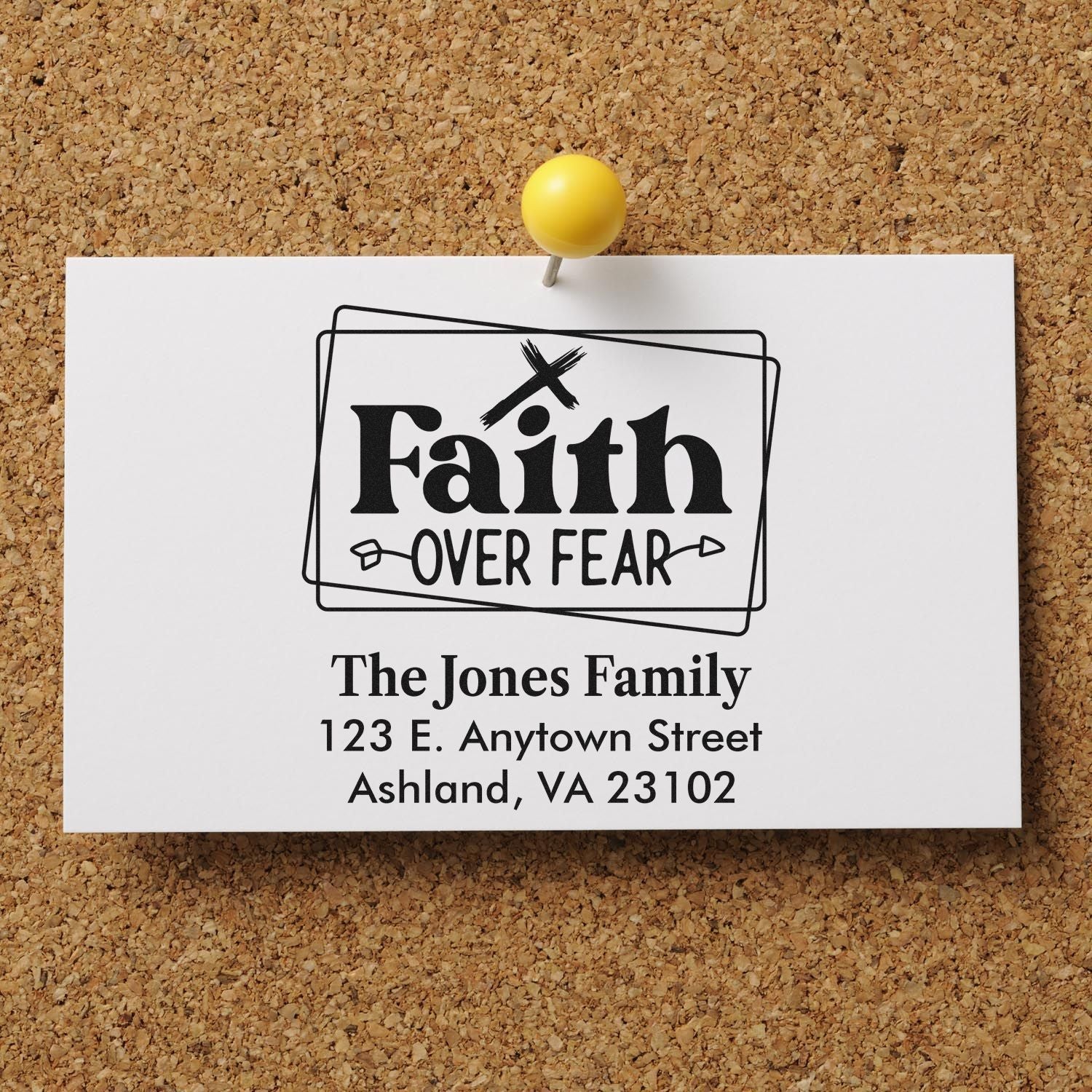 Custom Christian address rubber stamp with Faith Over Fear design and Jones family mailing address.