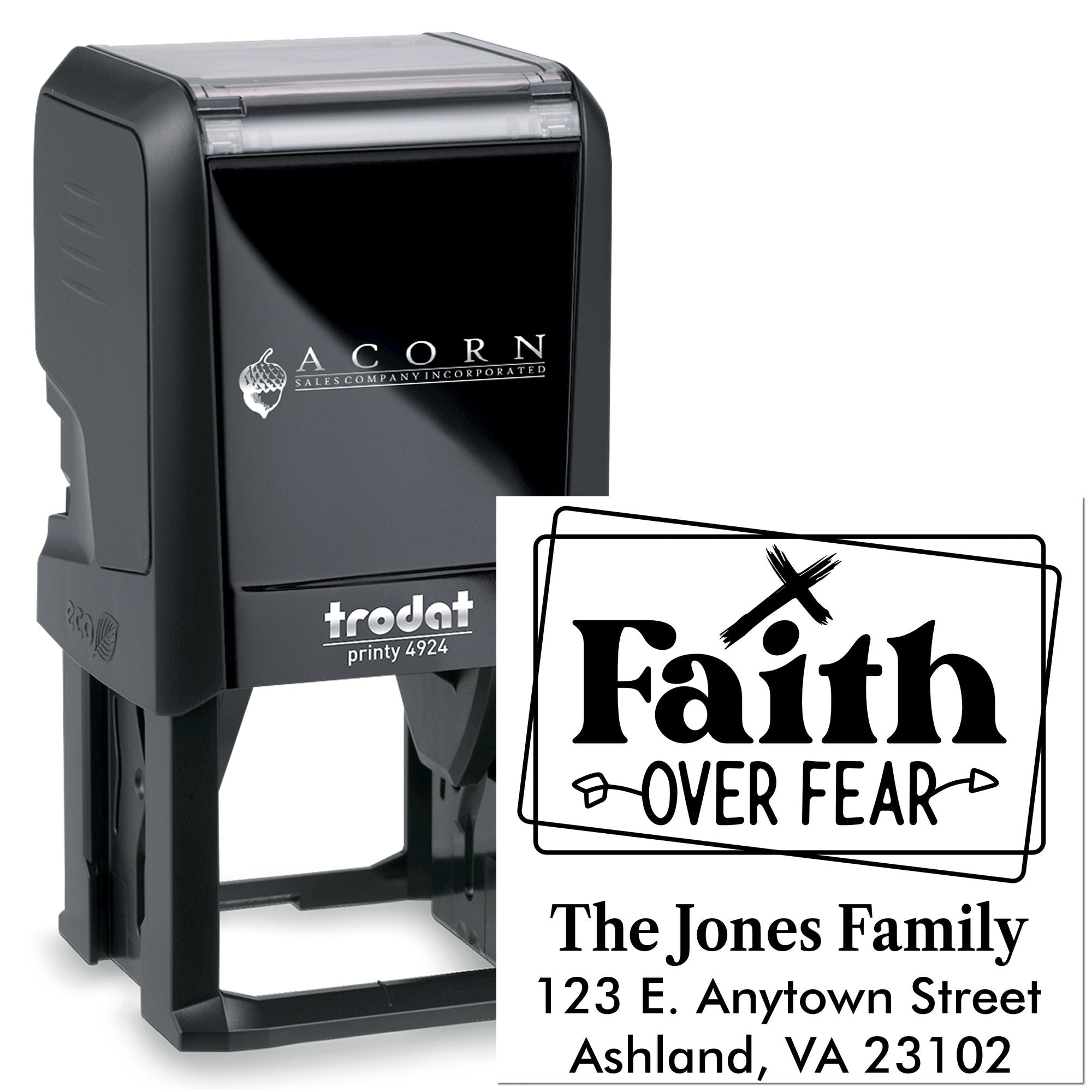 Trodat self-inking rubber stamp with Faith Over Fear custom return address for The Jones Family.