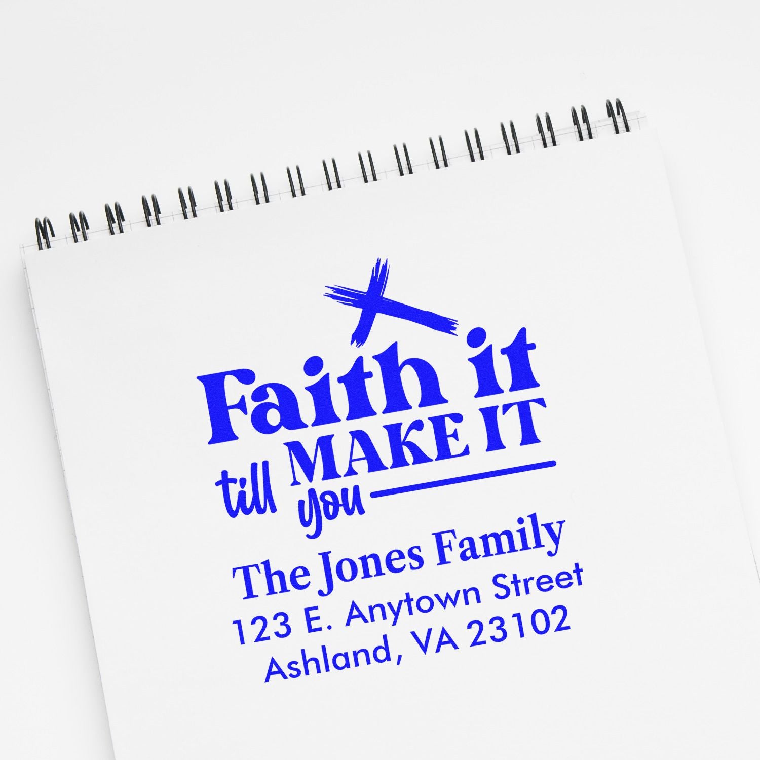 Custom family return address rubber stamp with faith quote and The Jones Family Ashland, VA address.