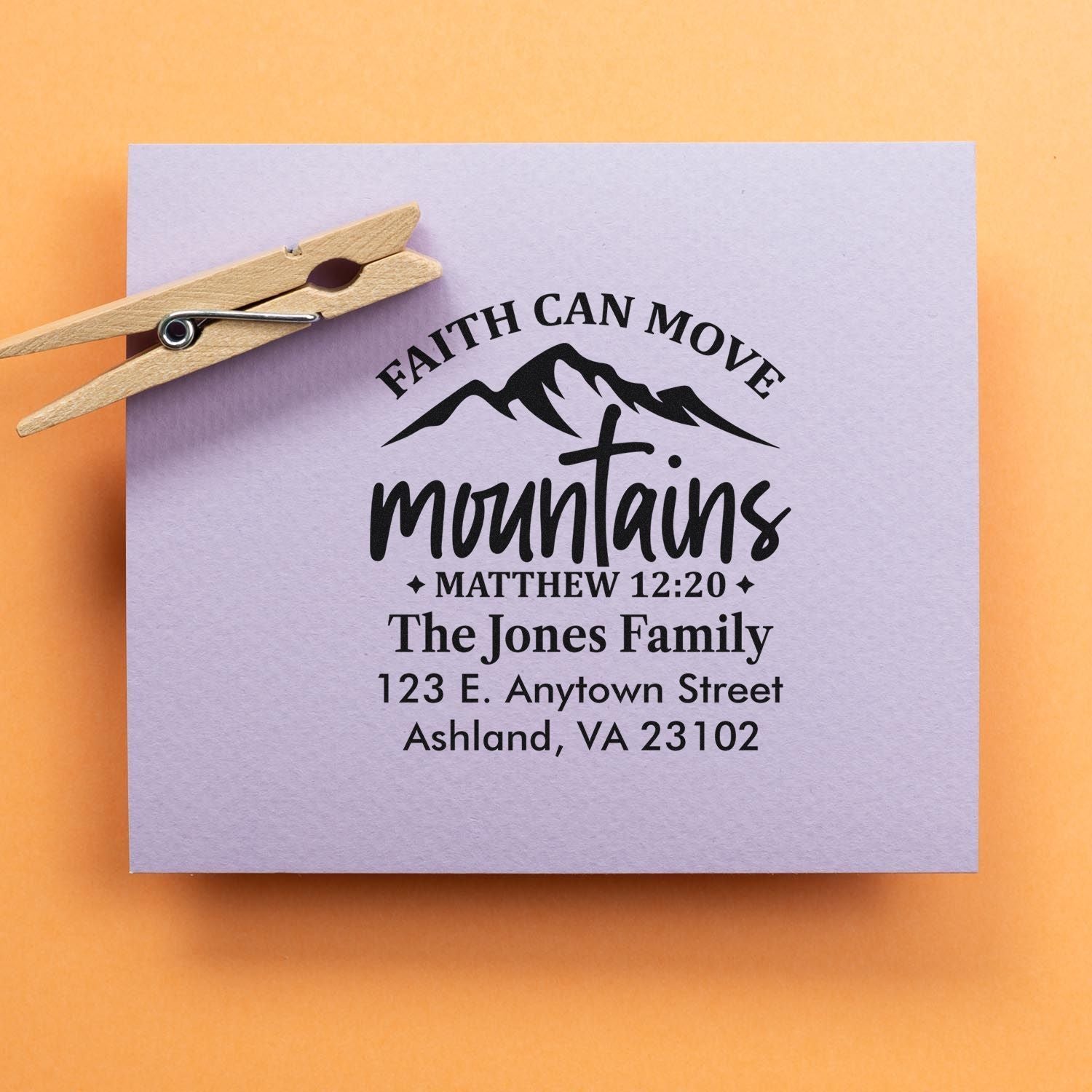 Custom personalized Christian return address rubber stamp with Faith Can Move Mountains mountain design for The Jones Family.