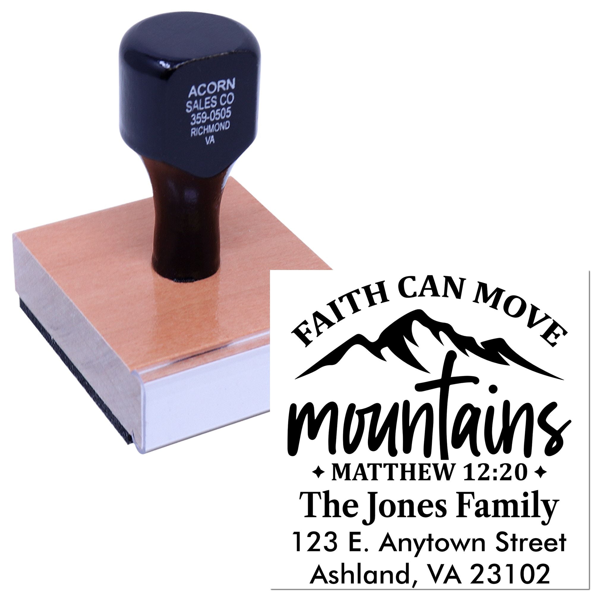 Personalized faith-based address rubber stamp with Faith Can Move Mountains, Matthew 12:20, and family mailing details.