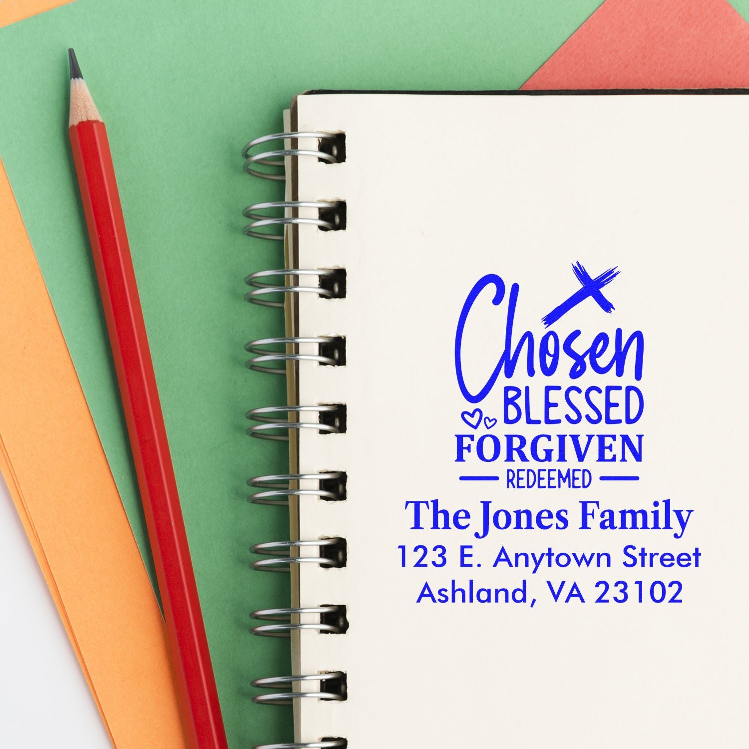 Custom Christian return address rubber stamp mockup for The Jones Family with Chosen, Blessed, Forgiven, Redeemed design.