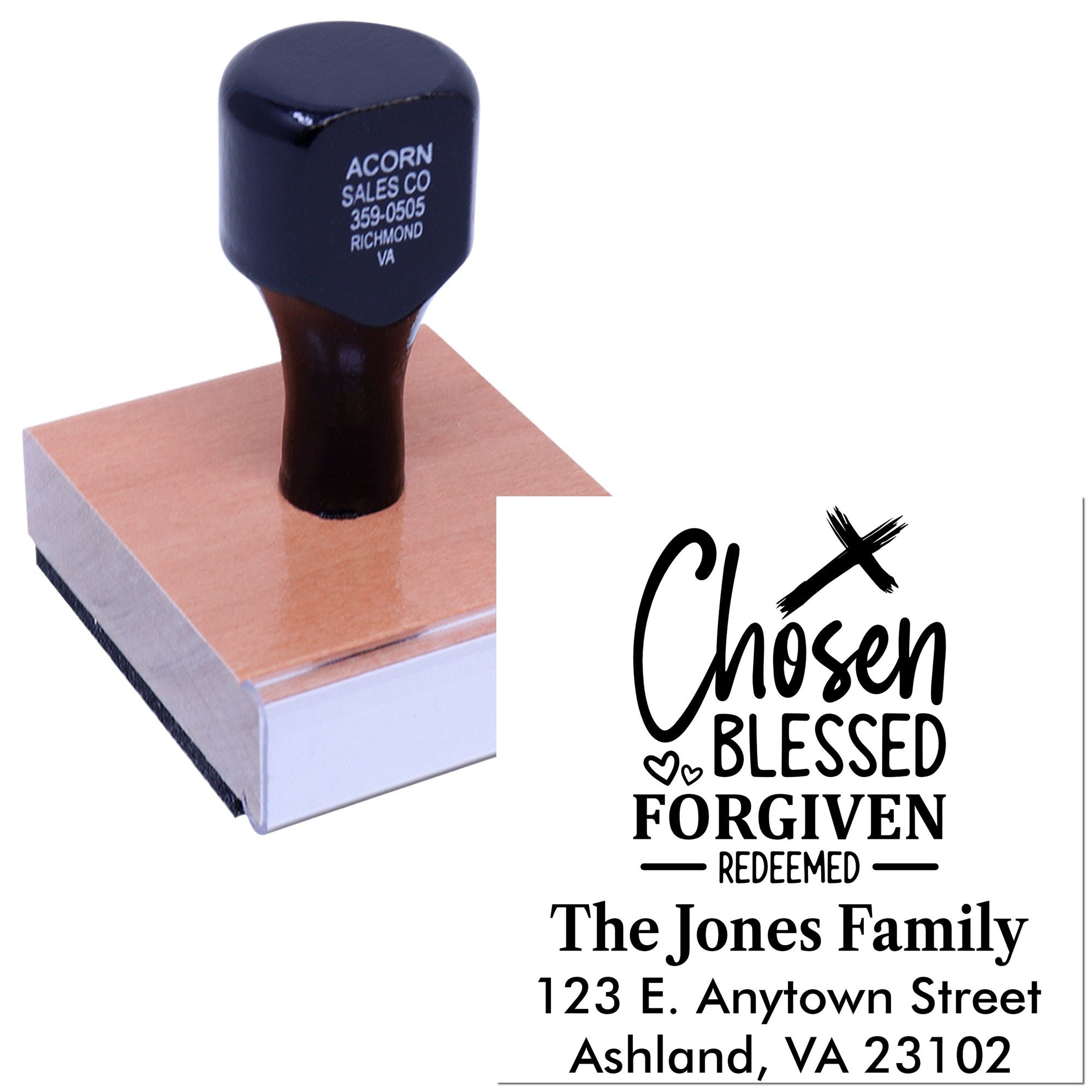 Personalized Christian rubber stamp with faith words and return address for The Jones Family.