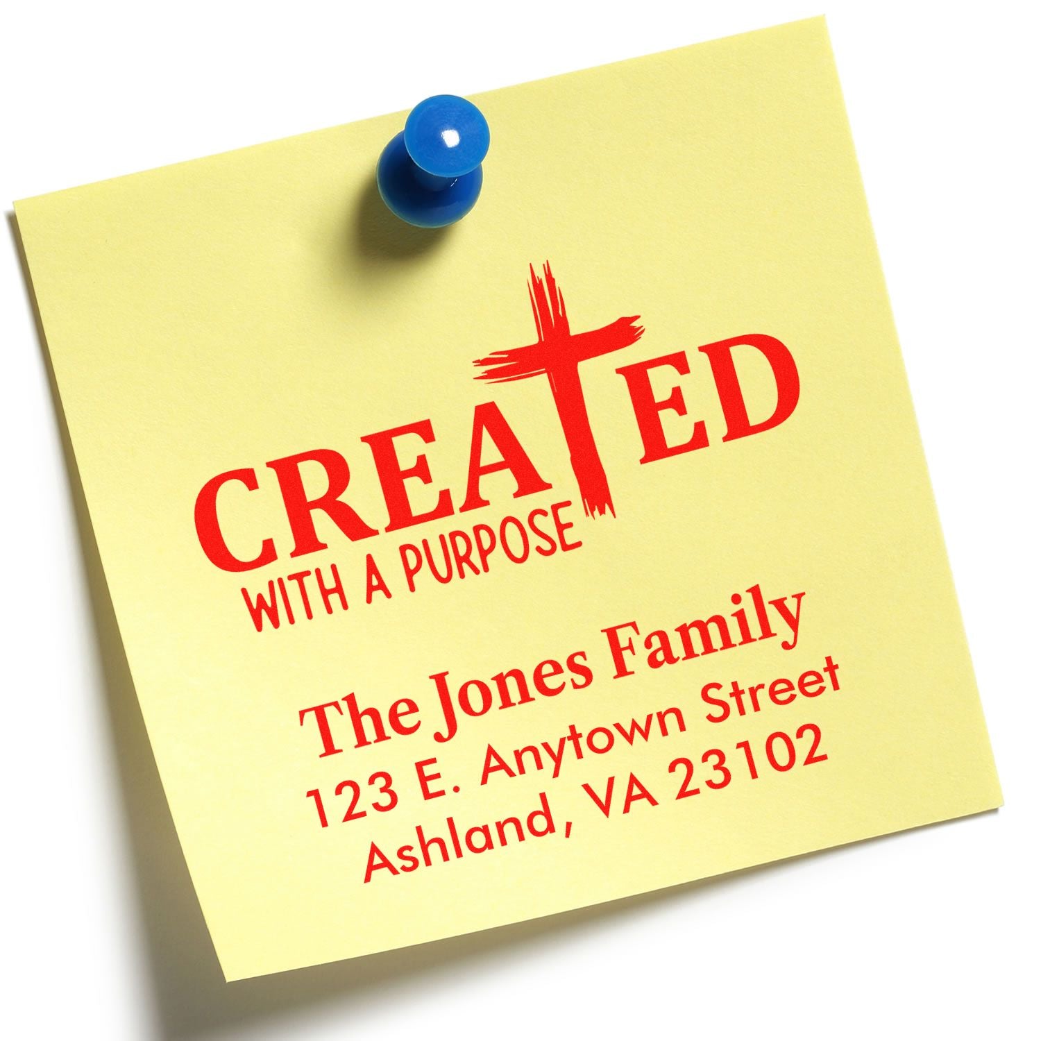 Personalized rubber stamp proof reading Created with a Purpose family address design on a pinned sticky note.
