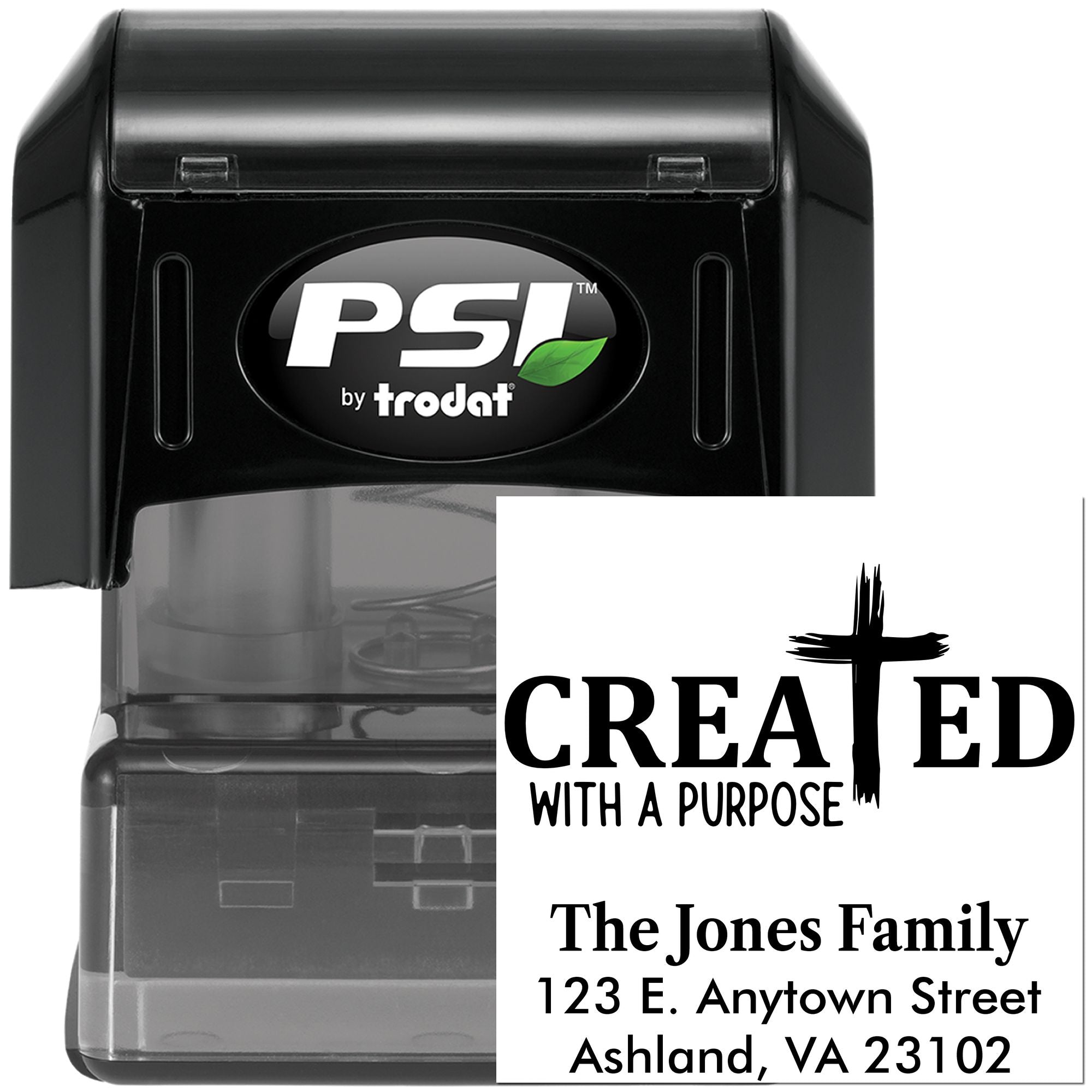 Custom self-inking rubber address stamp with Created with a Purpose design and personalized return address for mailing