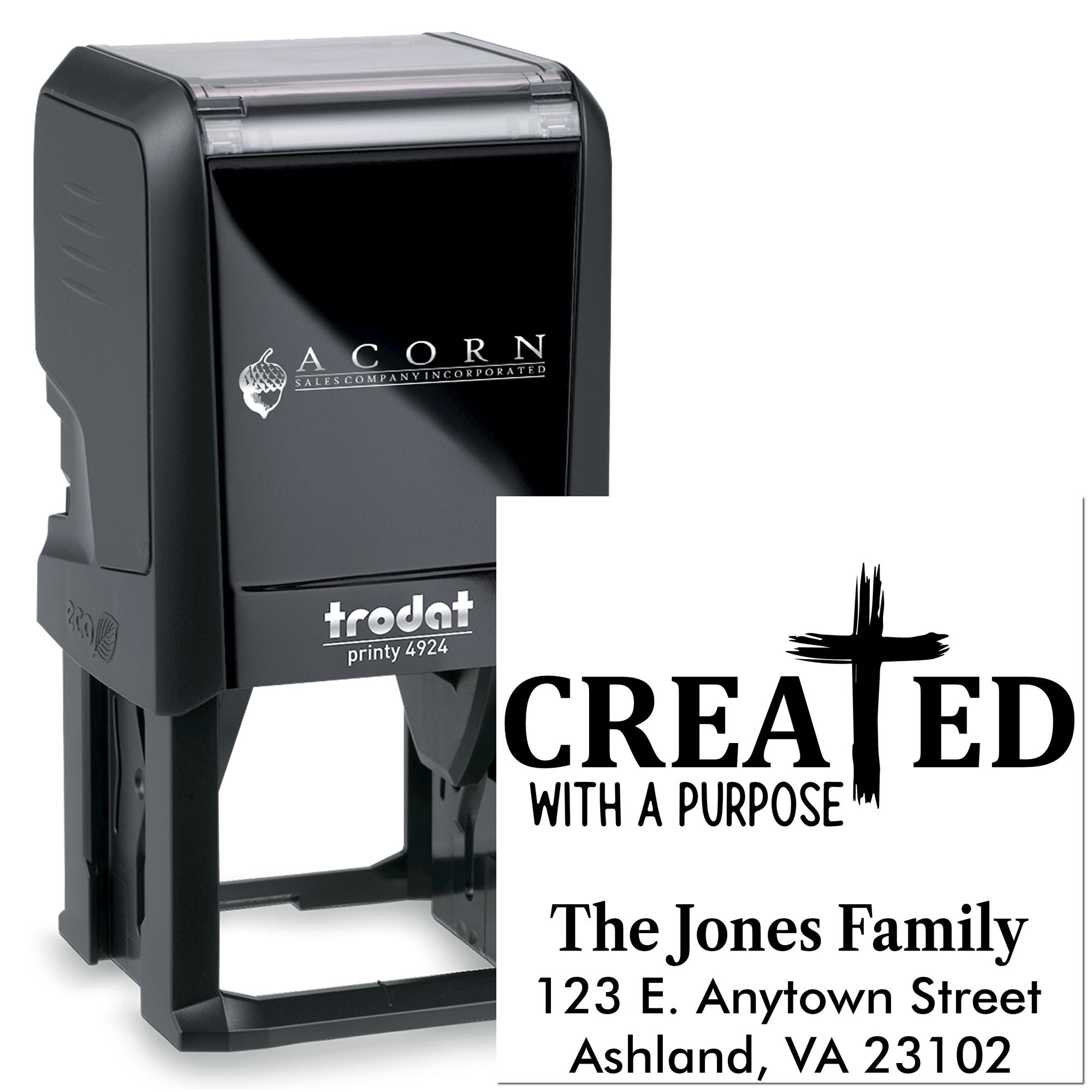 Custom self-inking Trodat rubber stamp with Christian Created with a Purpose return address design for family mailings