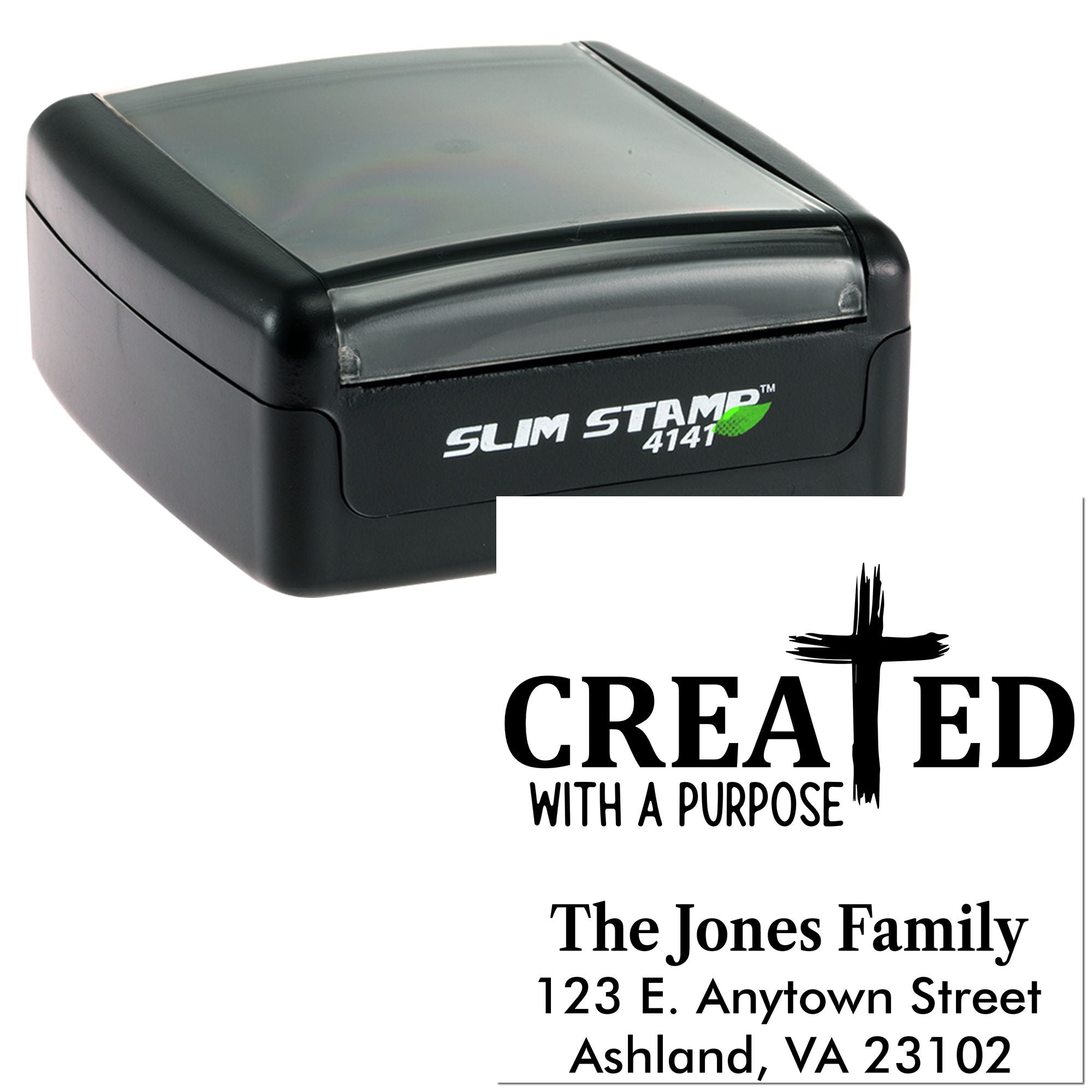 Custom self-inking return address rubber stamp with Created with a Purpose Christian family design