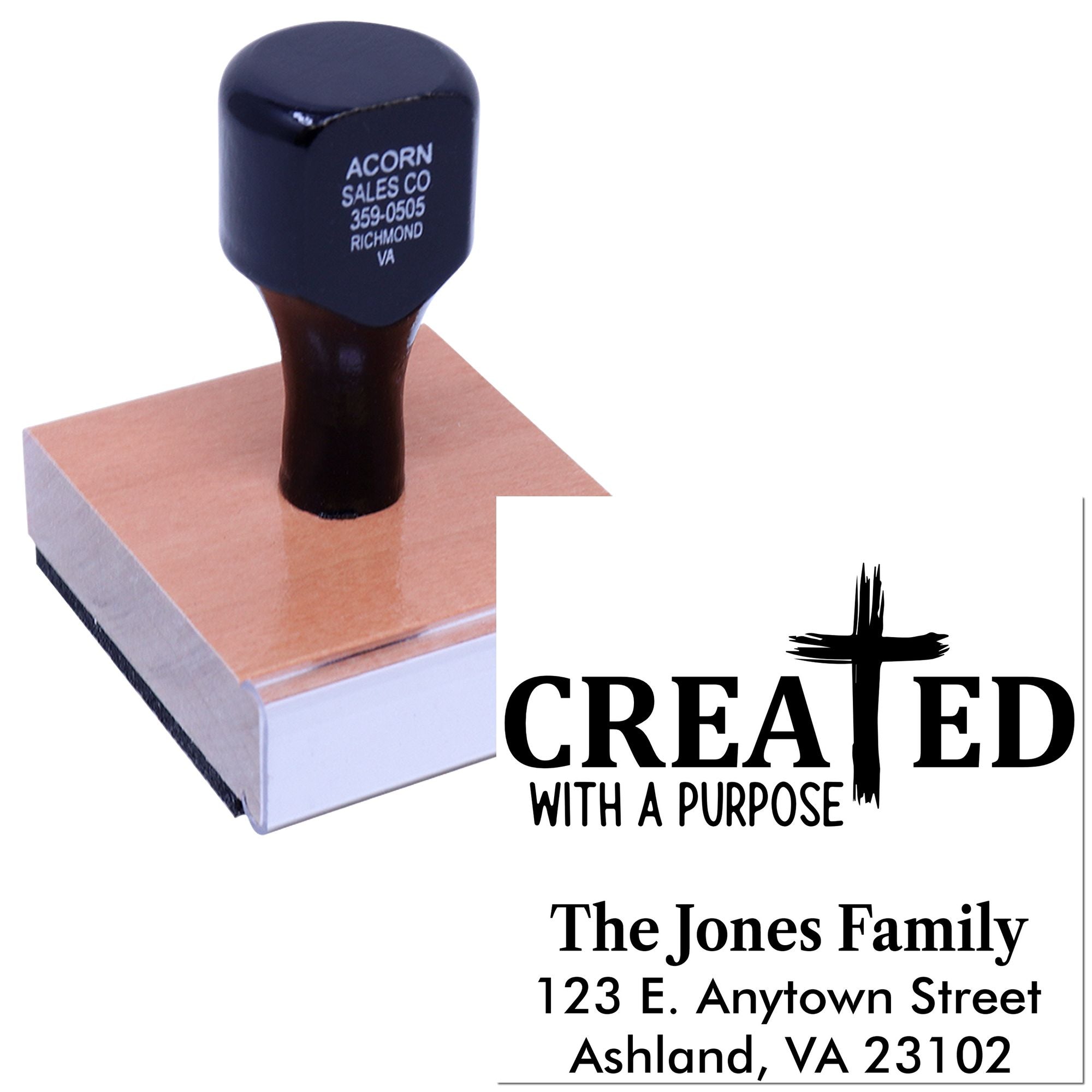 Custom Christian family address rubber stamp with Created with a Purpose cross design and return address imprint.