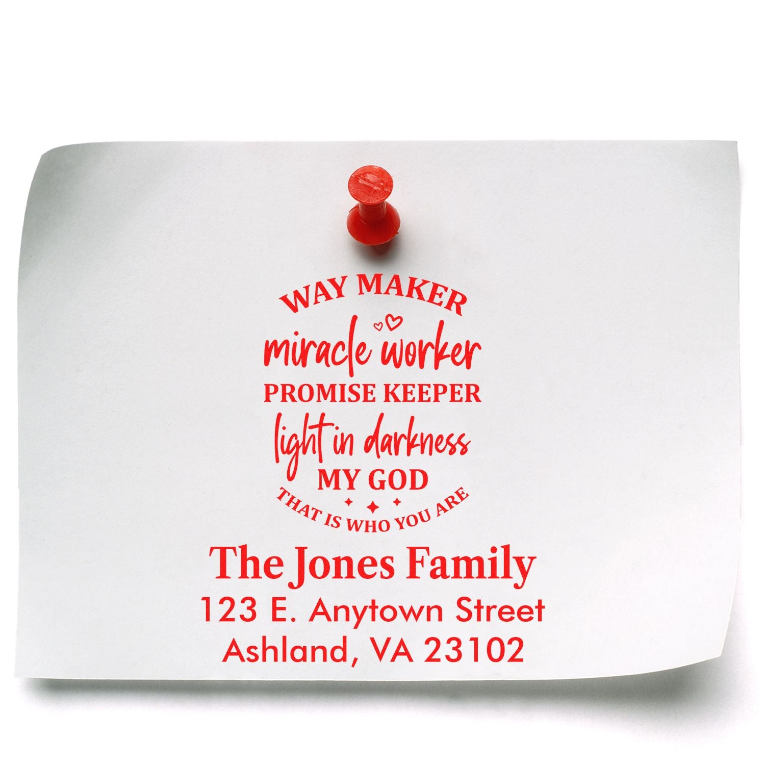 Custom faith-based rubber stamp with family name, address, and inspirational message for personalized mailing.