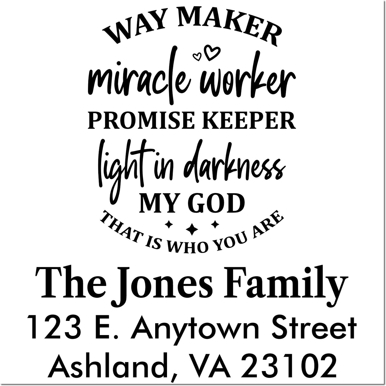 Personalized Christian family address rubber stamp with Way Maker, Miracle Worker, Promise Keeper and The Jones Family, Ashland VA.