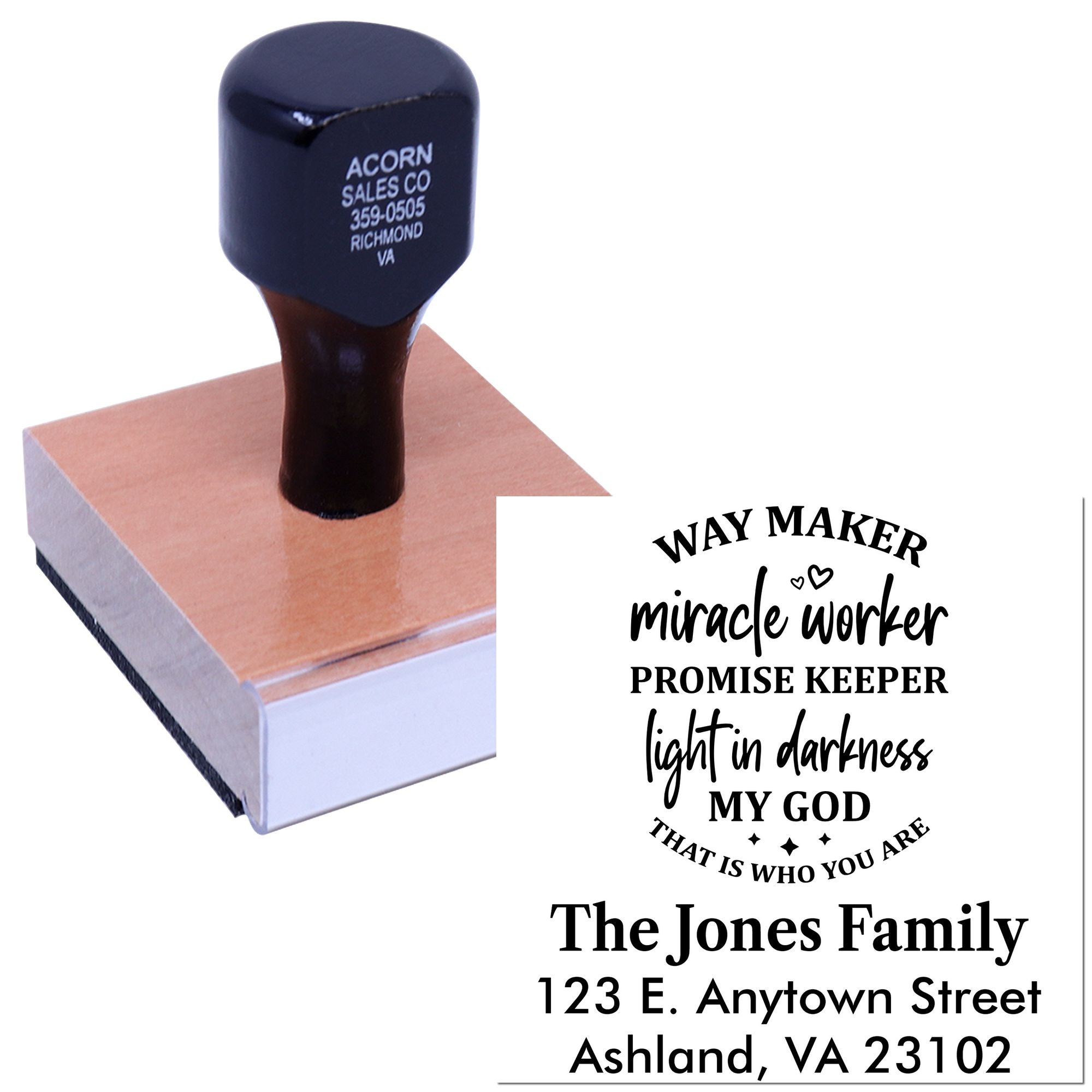 Custom rubber stamp with personalized Christian quote and family address for mailing, gifts, and branding.