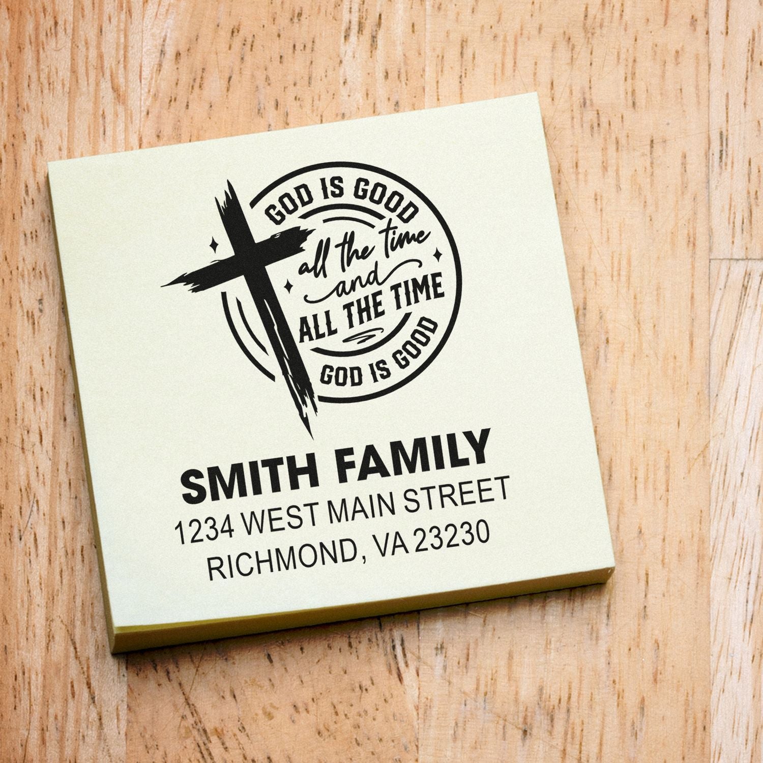 Custom Christian family address rubber stamp with cross, God is good all the time design, Smith family return address stamp