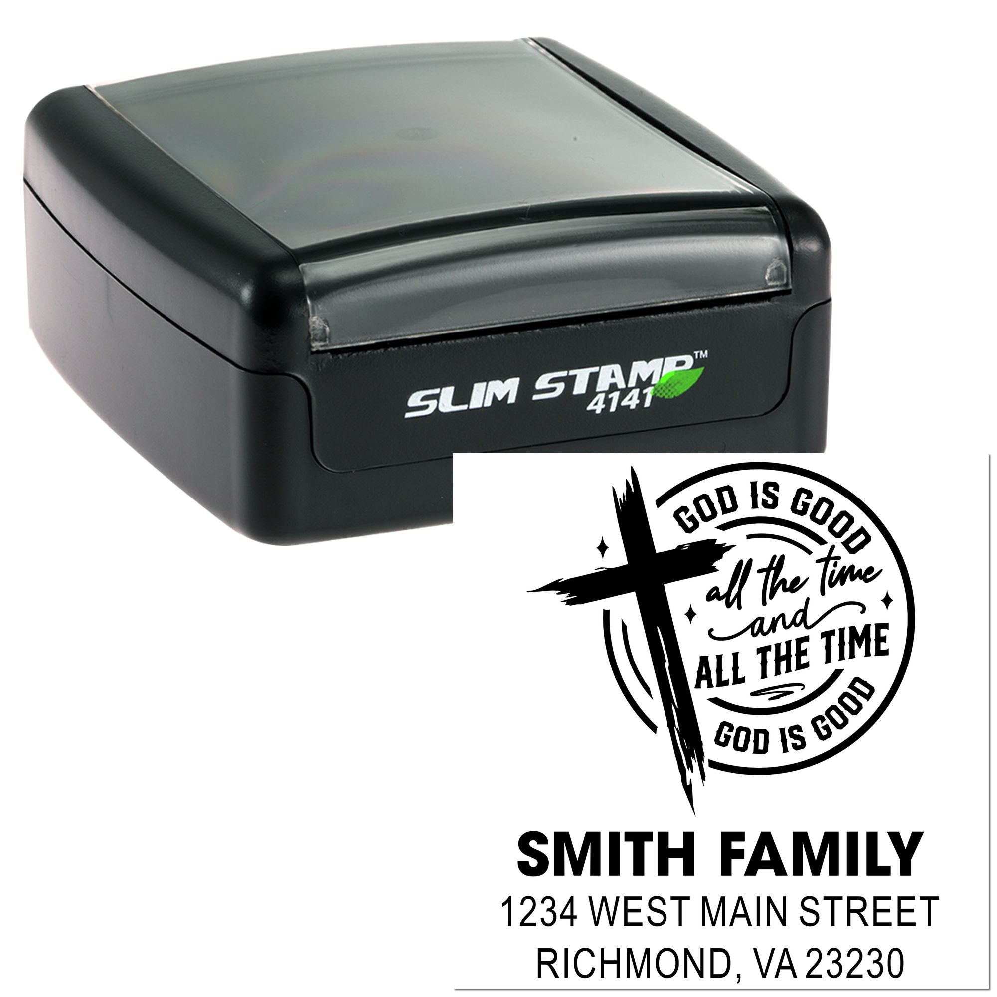 Custom Slim Stamp self-inking rubber stamp with cross design, God Is Good message, Smith family name and address.