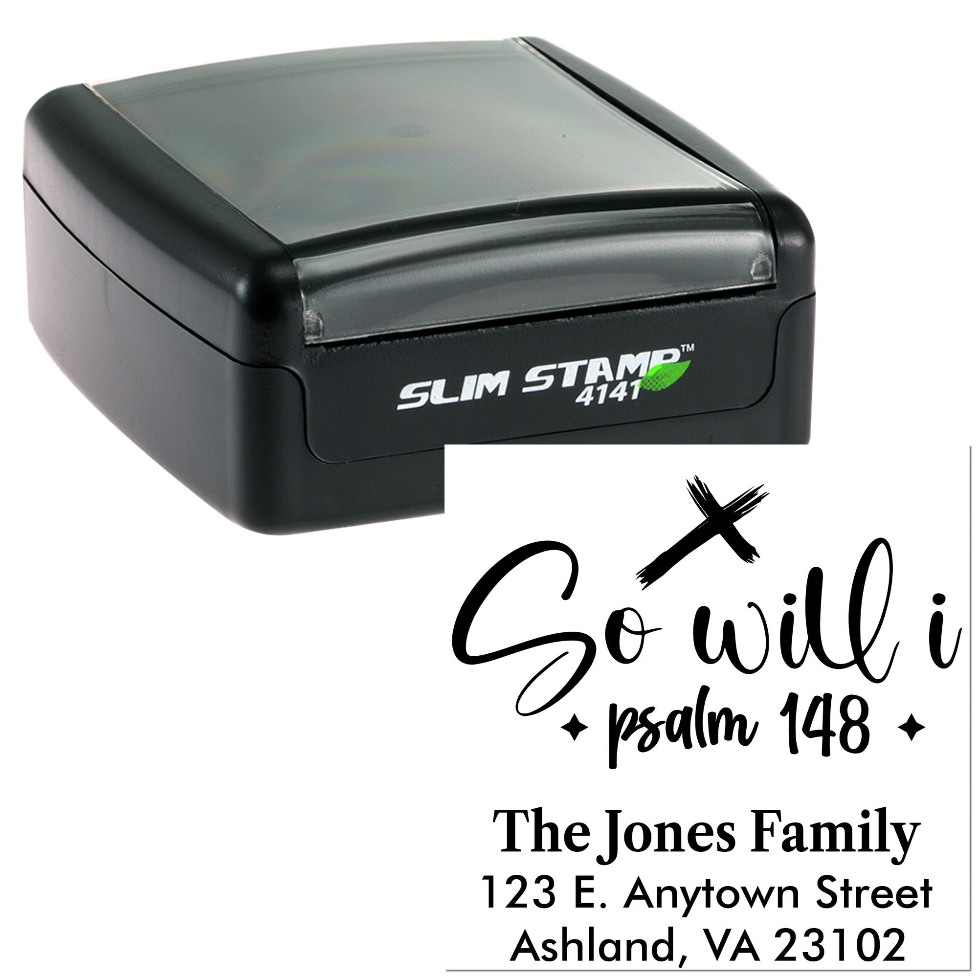 Custom self-inking address rubber stamp for The Jones Family with Psalm 148 verse for personalized mail.