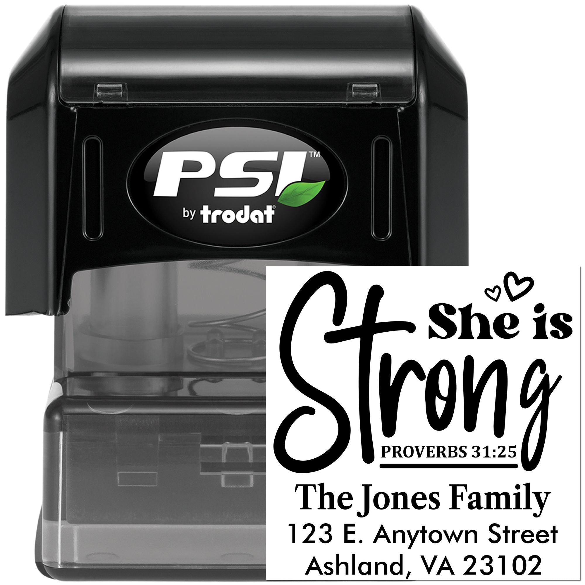 Custom self-inking return address rubber stamp with Proverbs 31:25, family name, and address for faith-based mail.