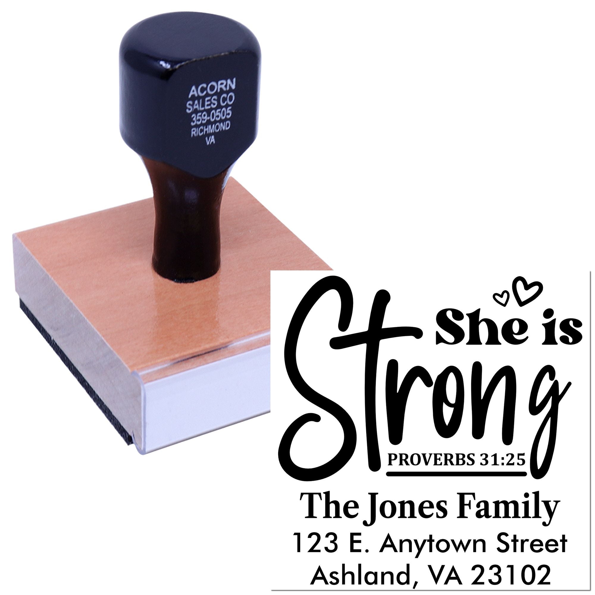 Custom rubber stamp with She is Strong Proverbs 31:25 and family address design for Christian gifts and mailings.