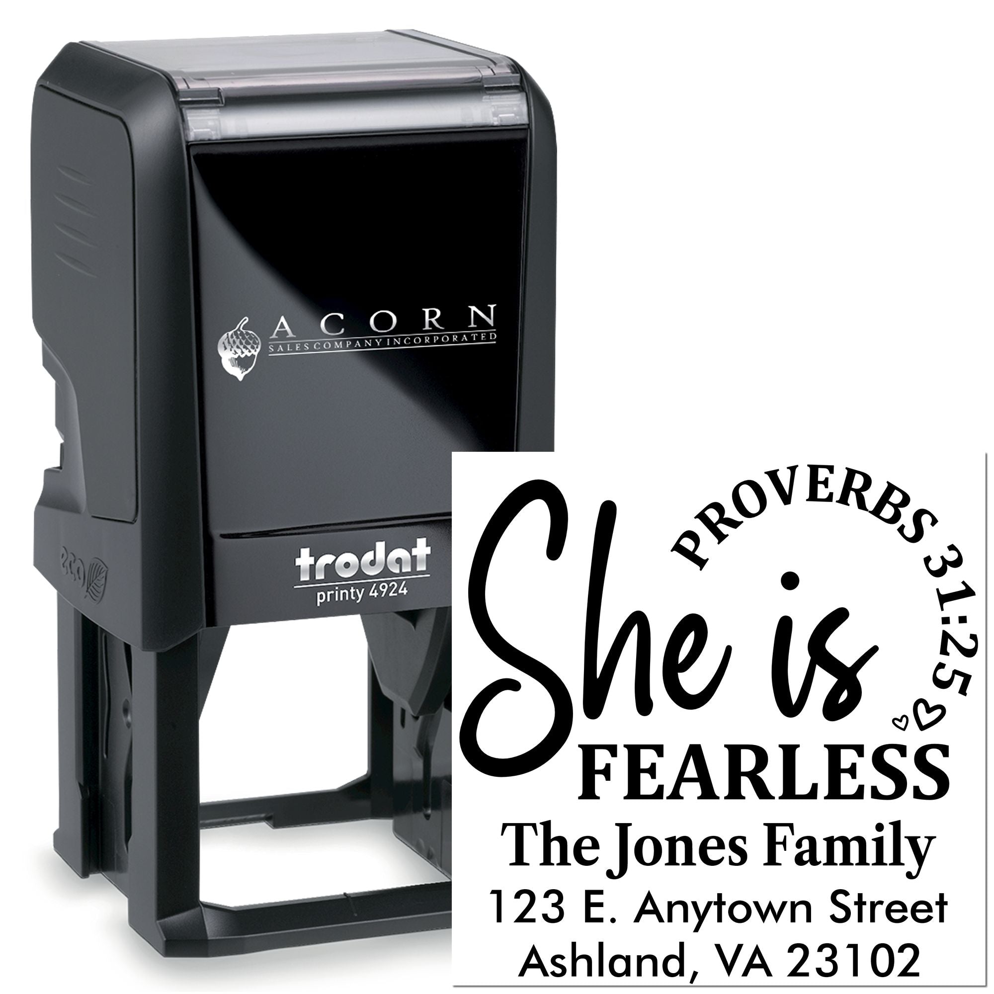 Personalized self-inking rubber address stamp with She is Fearless family name and address design