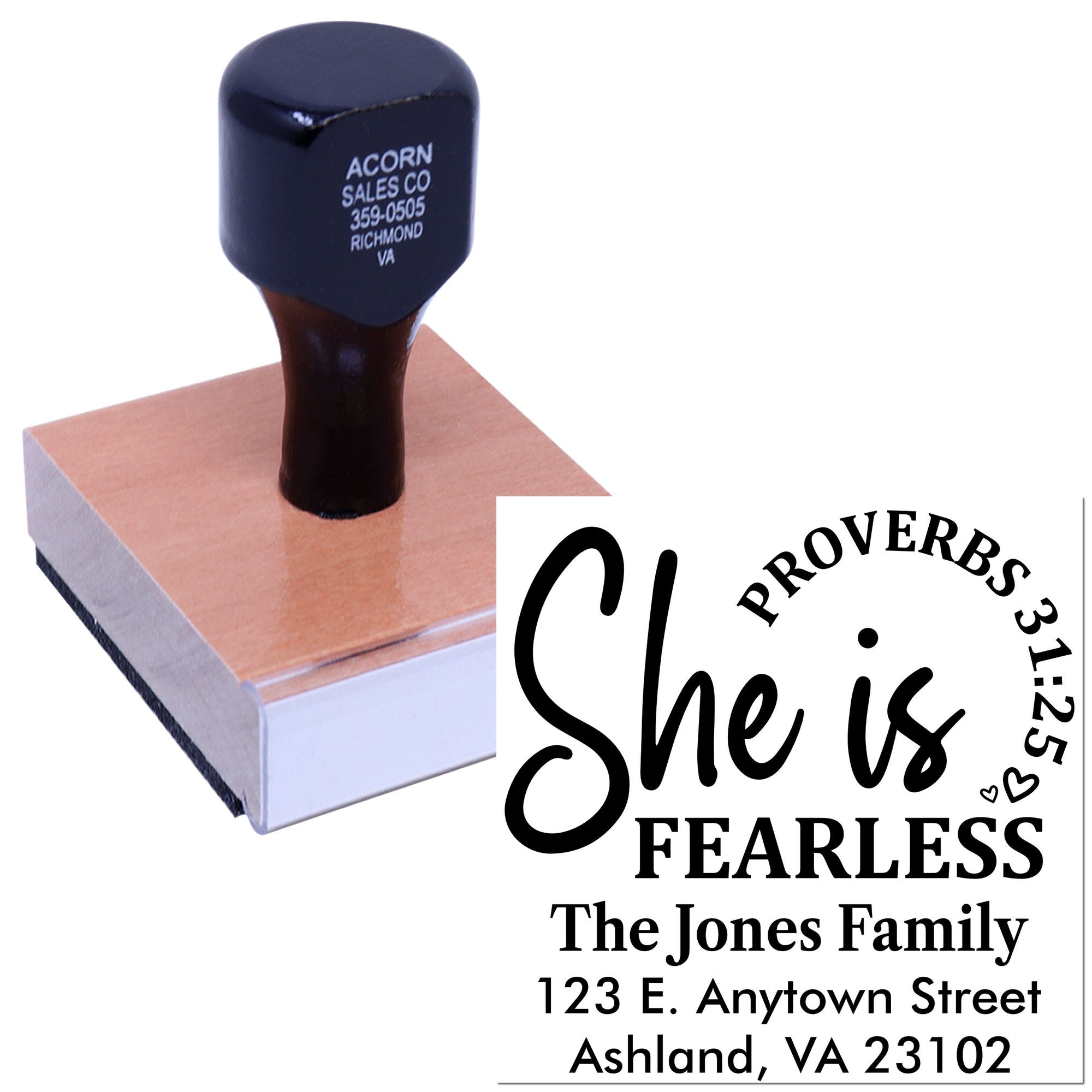 Custom address rubber stamp with She is Fearless family name design for personalized mailings and craft projects.
