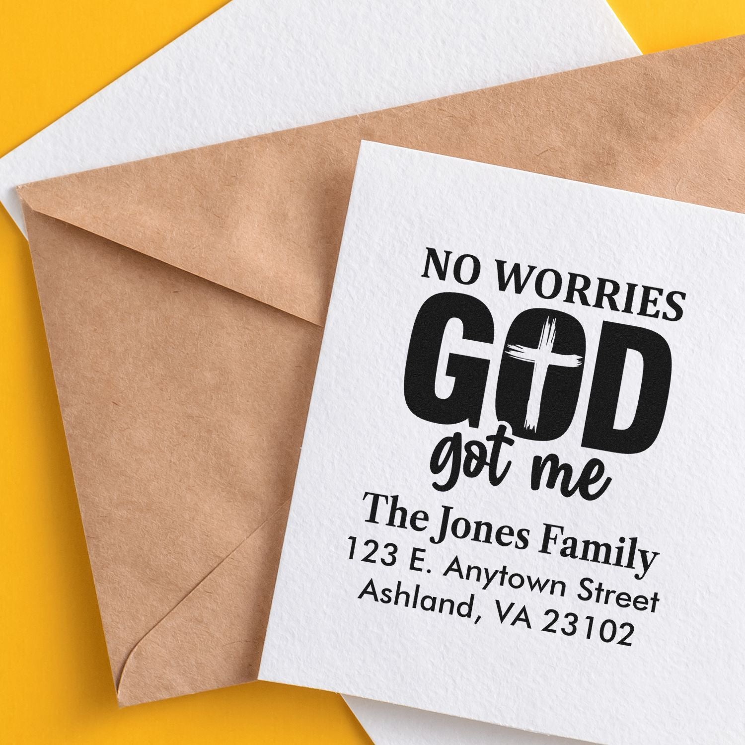 Custom return address stamp mockup with Christian No Worries God Got Me design for The Jones Family.