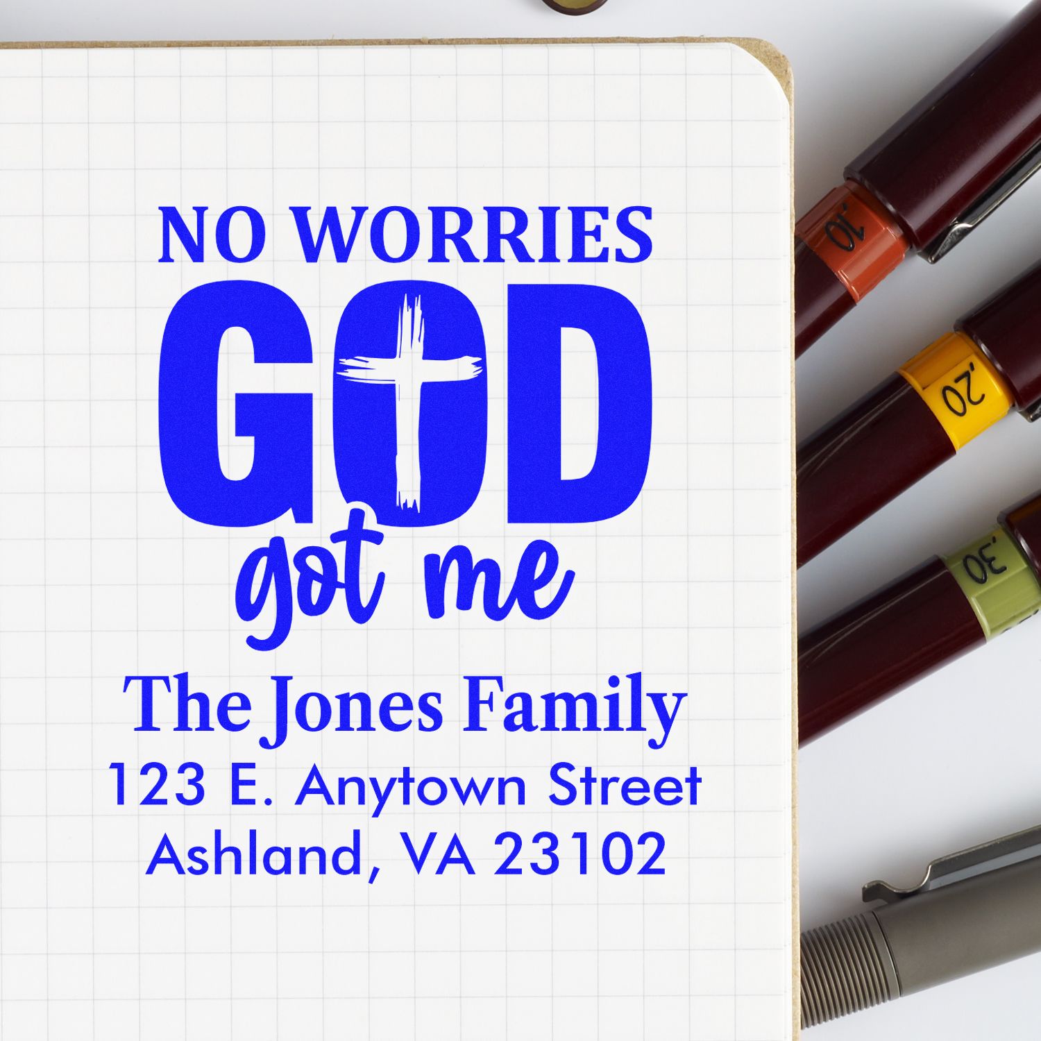 Custom Christian return address rubber stamp design reading No Worries God Got Me for The Jones Family.