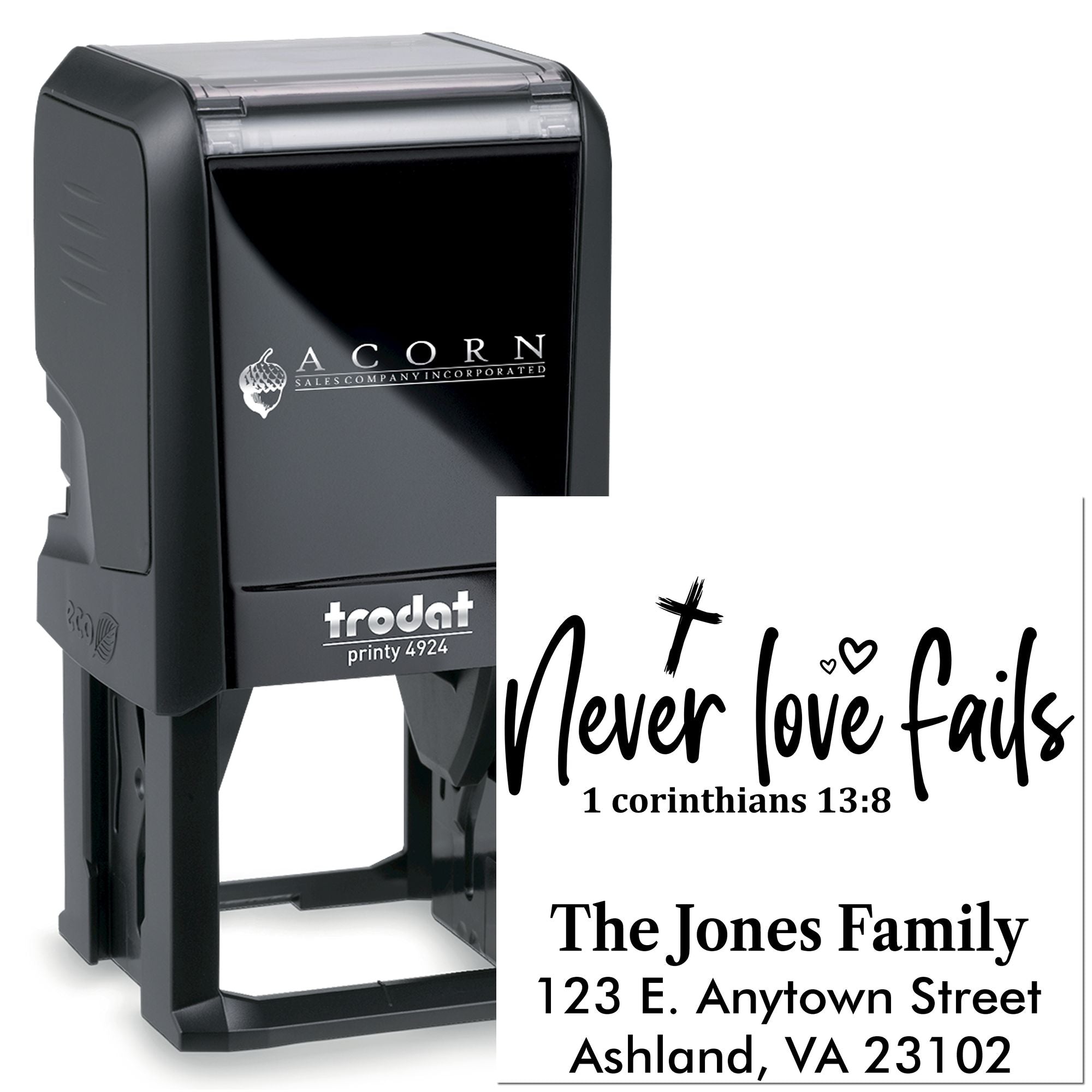 Personalized self-inking rubber stamp with Never love fails Bible verse and return address for Christian mailings.